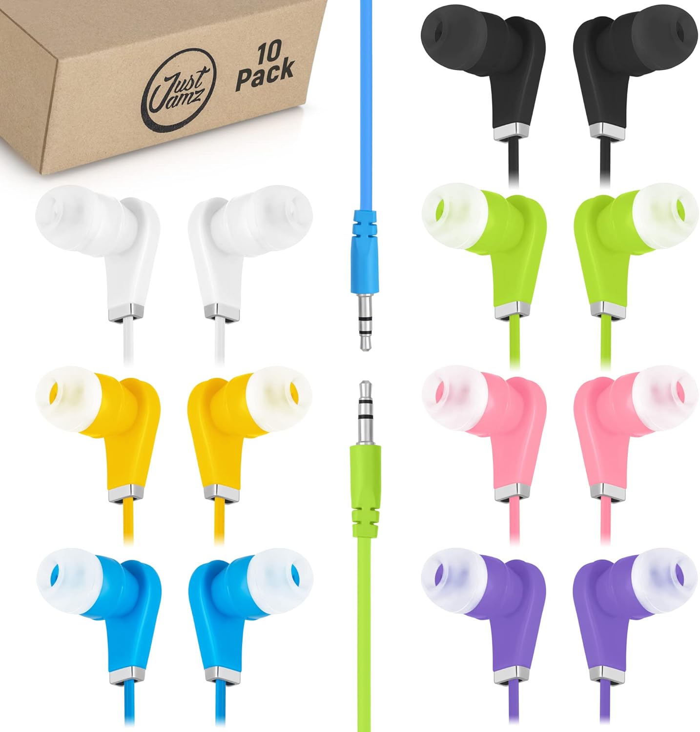 JustJamz Bulk Earbuds Bits, 10 Pack of Colorful inEar Earbuds, 3.5mm