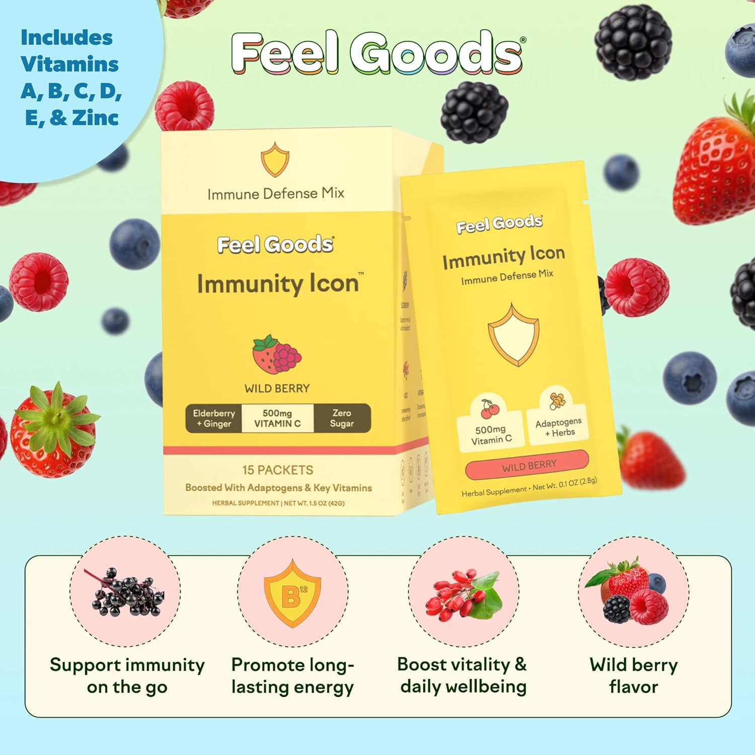 Feel Goods Immunity Icon, Vitamin C Immune Support Powder Packets - 500mg Vitamin C, Elderberry, Ginger, Turmeric & Key Vitamins for Daily Immune Health - Sugar-Free & Caffeine-Free Drink Mix Packets