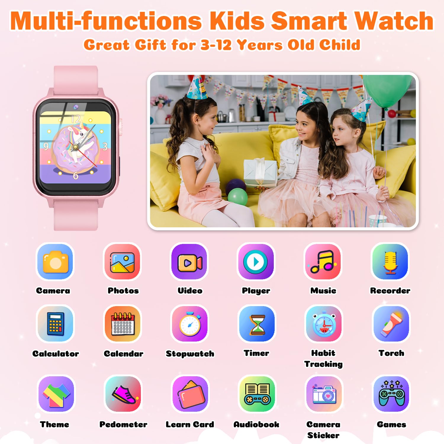 Orologio Smartwatch Bambini con 30 Giochi, Touch Screen Smartwatch per Bambini con Fotocamera, Musica, Torcia Elettrica, Sveglia, Calorie, Contapassi, Regalo di Compleanno per Ragazzi e Ragazze Rosa