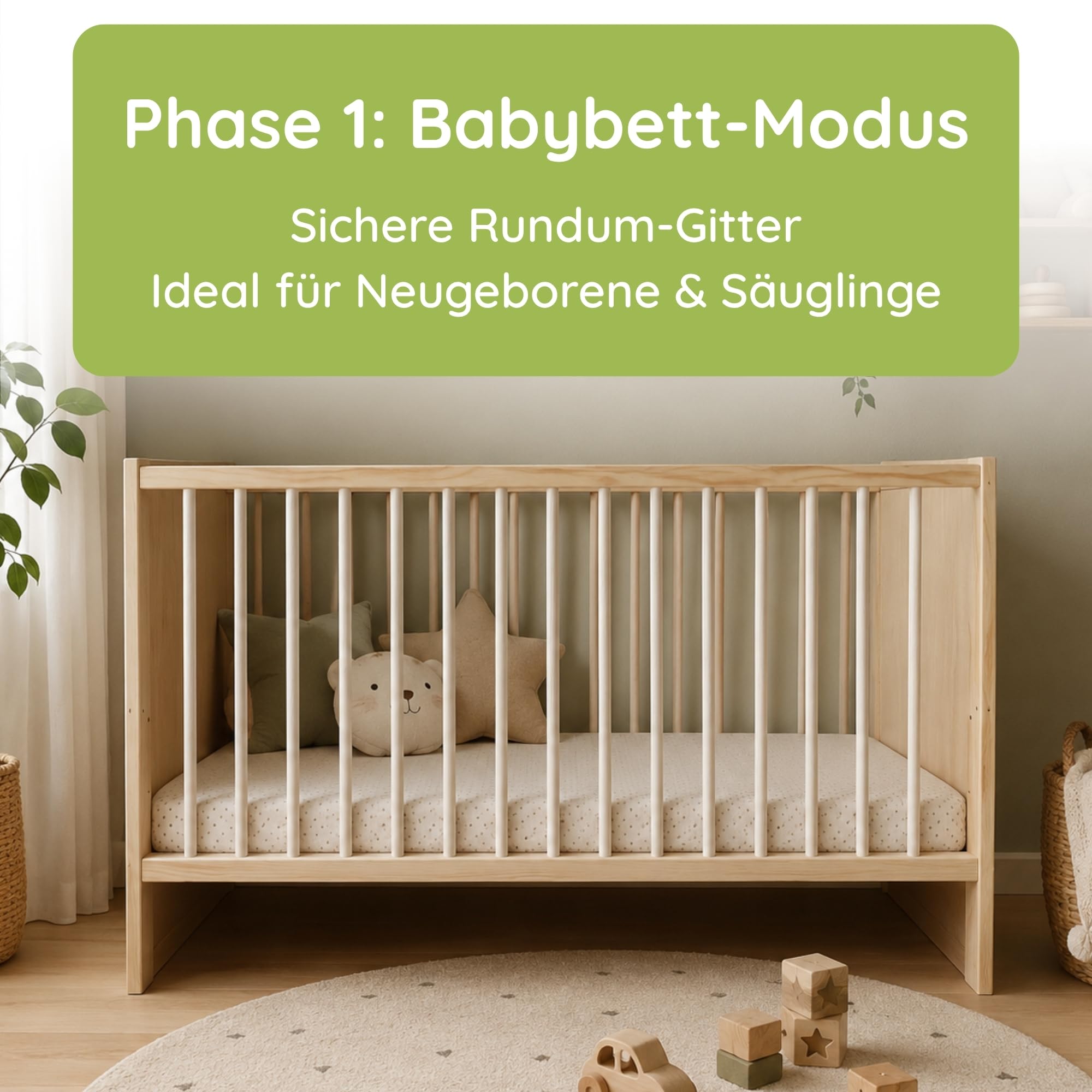 Kids Collective Babybett Kinderbett Beistellbett | Modulares Gitterbett Lattenrost 3-Fach höhenverstellbar & abnehmbare Sprossen | Baby Bett Holz Kinderzimmer | 120x60 cm | Natur
