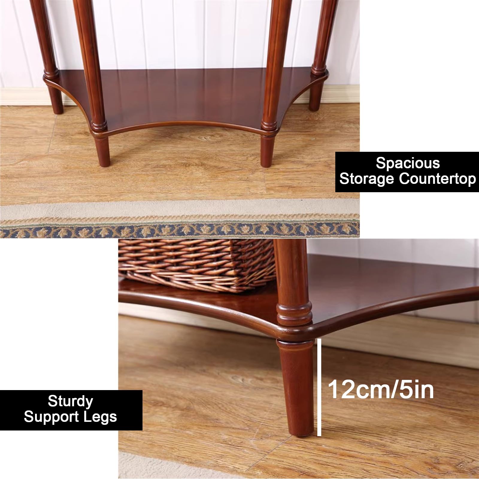 Mesa Consola de Media Luna de Madera Maciza con Cajones y Estantes, Mesa Auxiliar de Entrada de Dos Niveles En Forma de Semicírculo, Elegante Mesa de Sofá Vintage (veta De Madera De Cerezo)(800x350x80