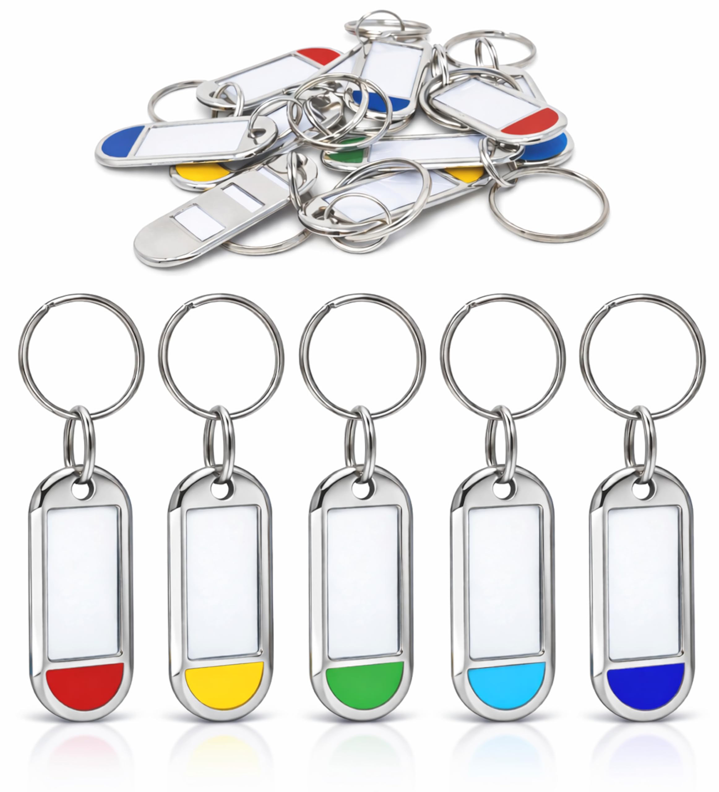 Portachiavi con Etichetta in Metallo – Set Multicolore (5 Colori), Porta Chiavi Identificativi con Inserto Scrivibile e Custodia Protettiva, per Ufficio, Hotel, Armadietti, Bagagli e Animali - 10 pz.