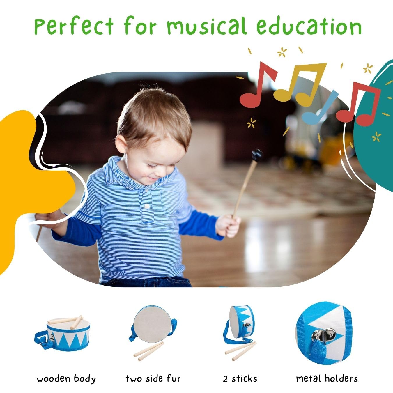Bęben dla dzieci niebiesko-biały instrument muzyczny z drewna z paskiem do noszenia i pałeczkami D: 20 cm-3845