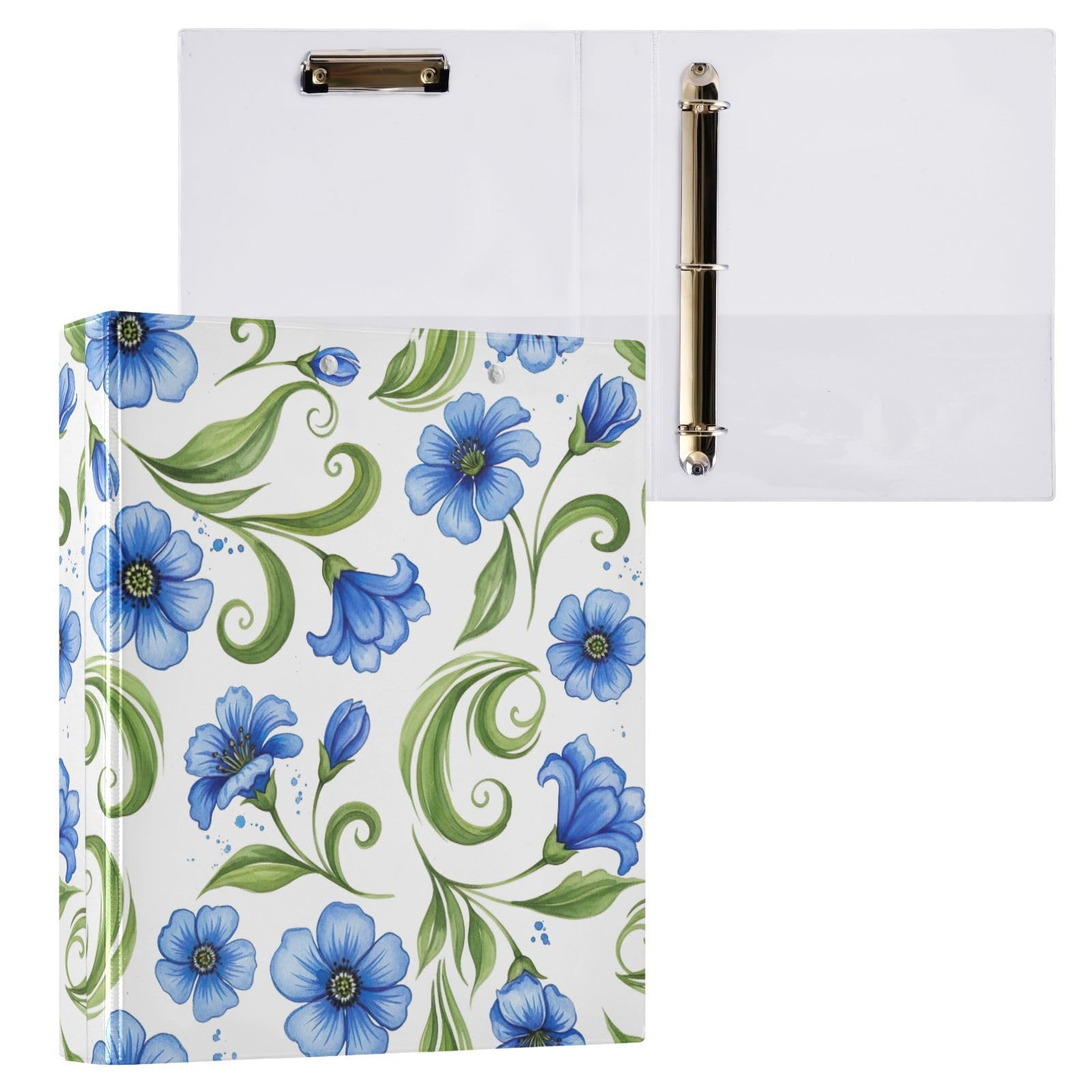 Raccoglitore a 3 anelli, motivo fiori blu, confezione da 2