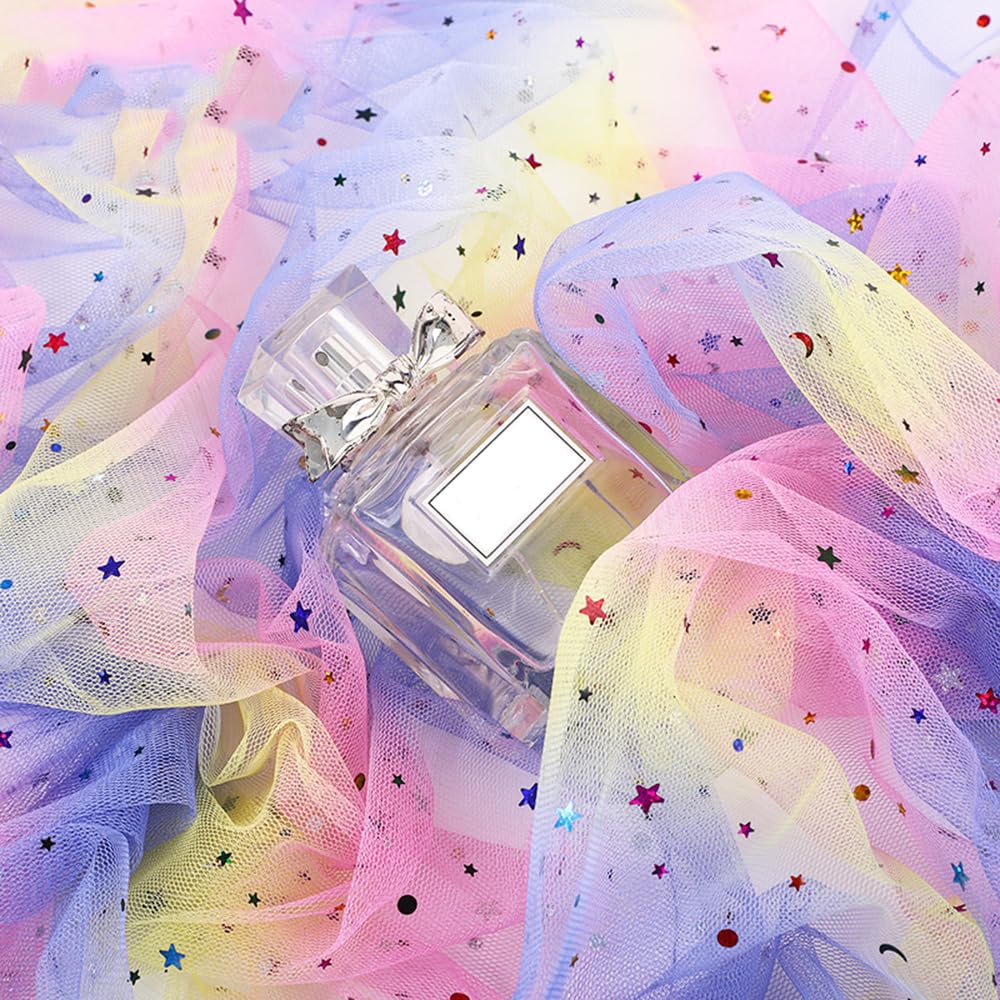 25 Yards Regenbogen Tüllstoff 150cm Breit Glitzer Stern Mond Pailletten Netzstoff Funkelnder Mesh Spitzenstoff Organzastoff zum Nähen Dekostoff für DIY Basteln Hochzeit Party Hintergrund Kleid