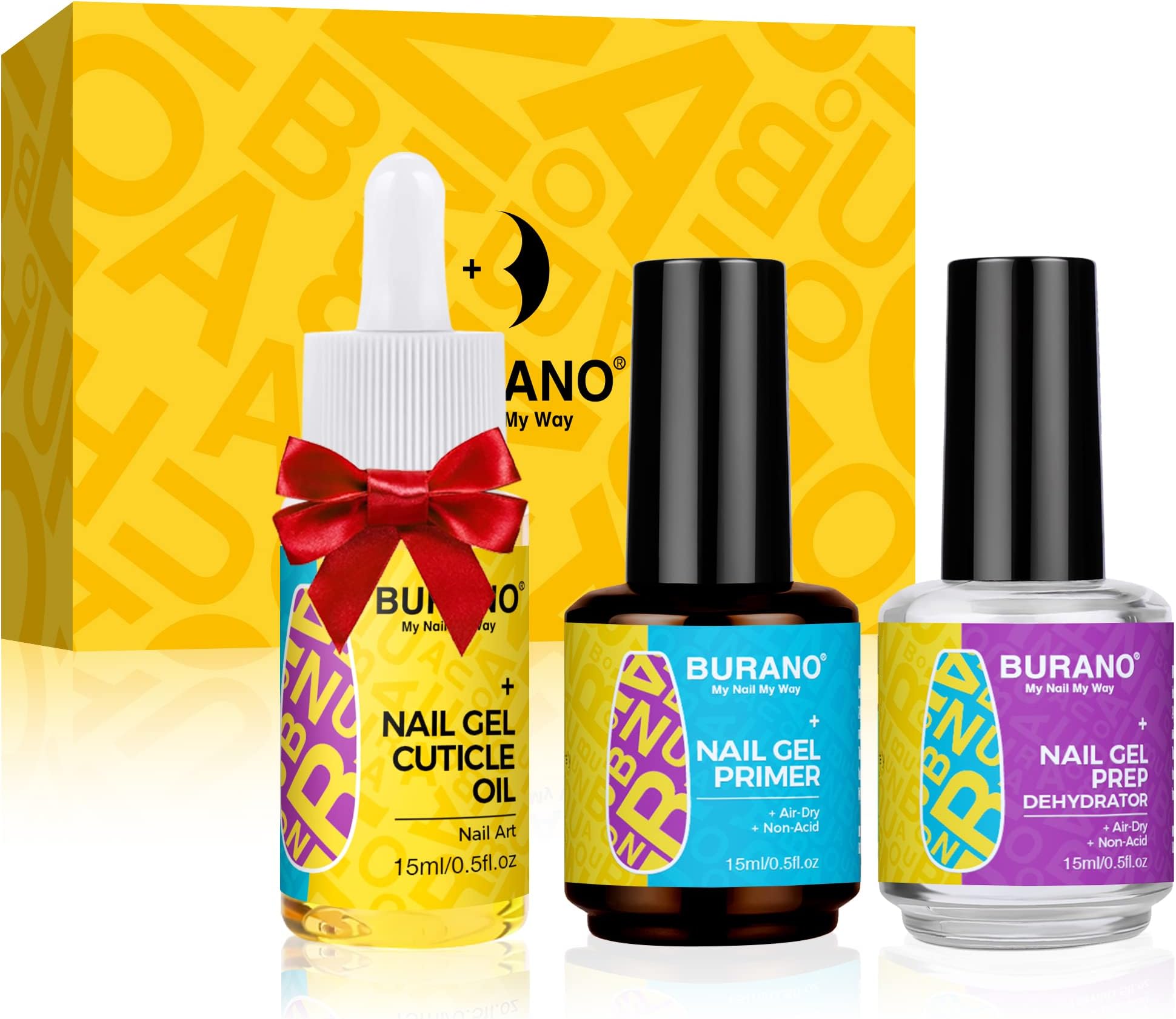 BURANO Gel Nail Polish Primer, Long Lasting Acid Free Natural Nail Prep Dehydrate Bond Primer for Acrylic Nails and Gel Polish, Acrylic Nail Primer No Burns Bonding Primer 0.5 oz (Brown set)