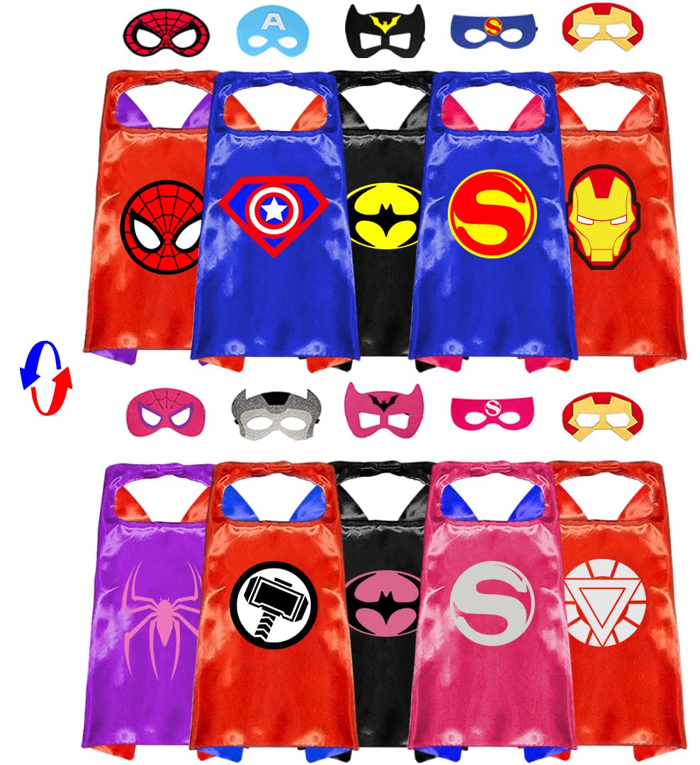VOSOEVOSOE Superhero Capes and Masks Cosplay Costumes Birthday Party Christmas Halloween Dress up Gift for Kids (Double Side 5 Sets)
