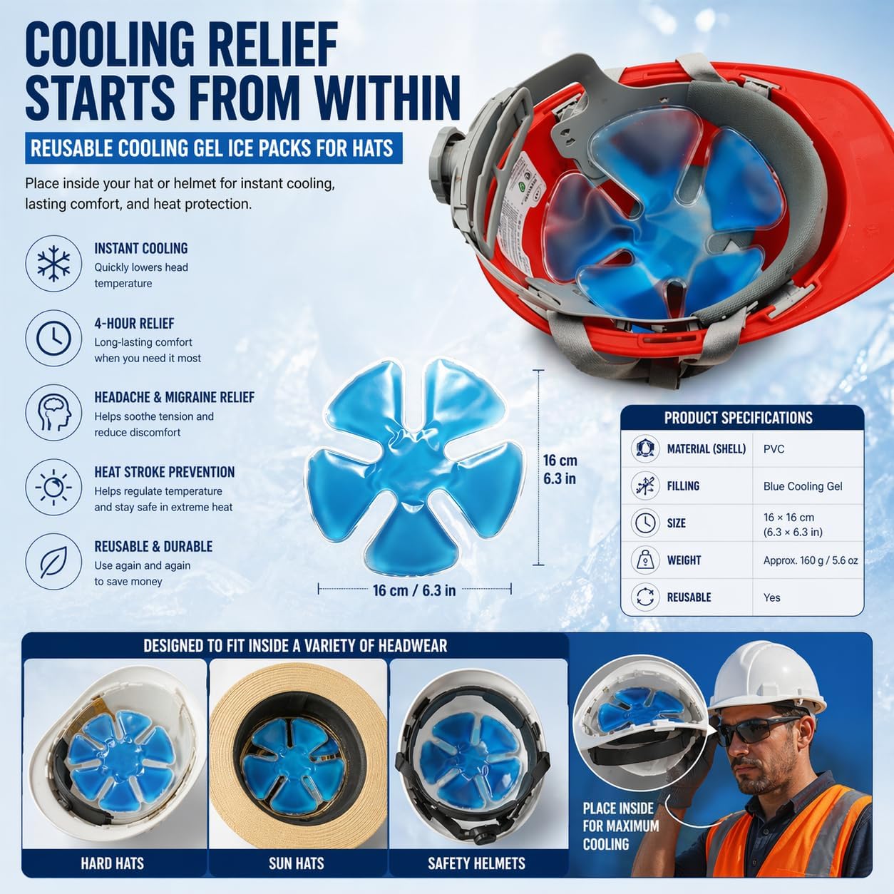 Reusable Cooling Gel Ice Packs for Hats, Adjustable Cold Therapy Headband Inserts for Hard Hats, Sun Hats, 4-Hour Relief for Construction Workers, Migraines, Heat Stroke Prevention, 4 Pack
