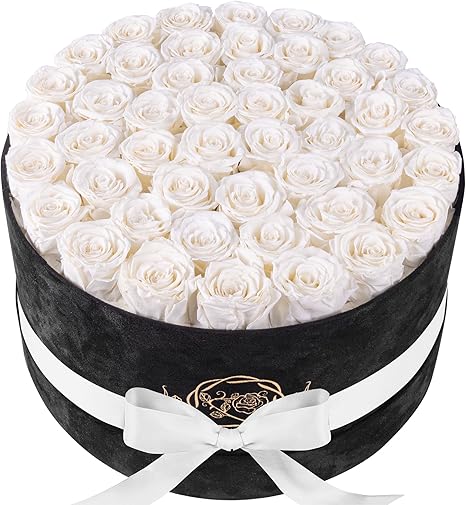47 Flowers in a Luxury Suede Box, Birthday Gifts for Women, Preserved Flowers, Mothers Day Roses Gift for Mom, Pure White