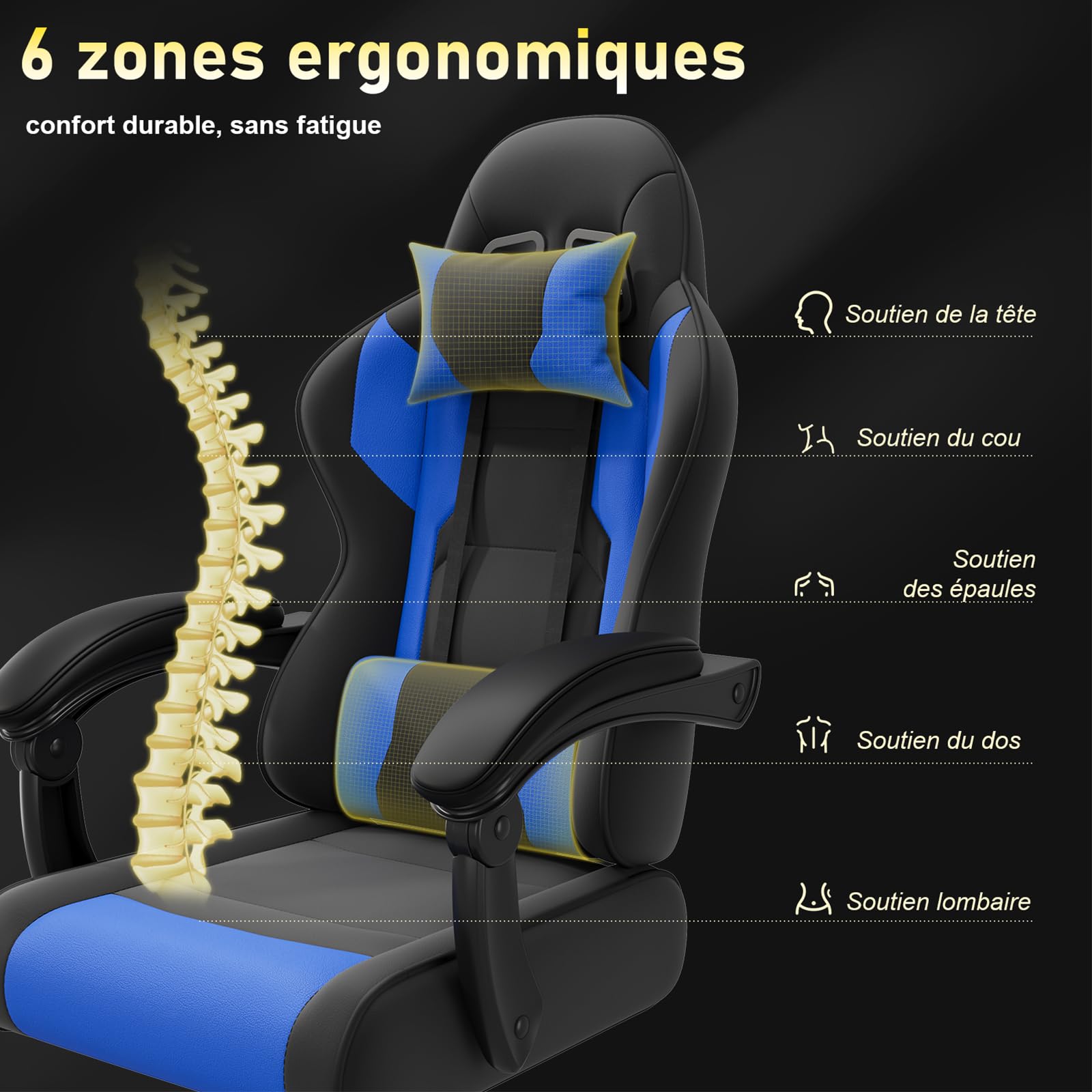 JUMMICO Chaise Gaming avec Massage Lombaire, Chaise Bureau Ergonomique avec Dossier Inclinable, Fauteuil Gaming avec Assise Douce et Résistante, Idéale pour Jeux et Boulot, Bleu
