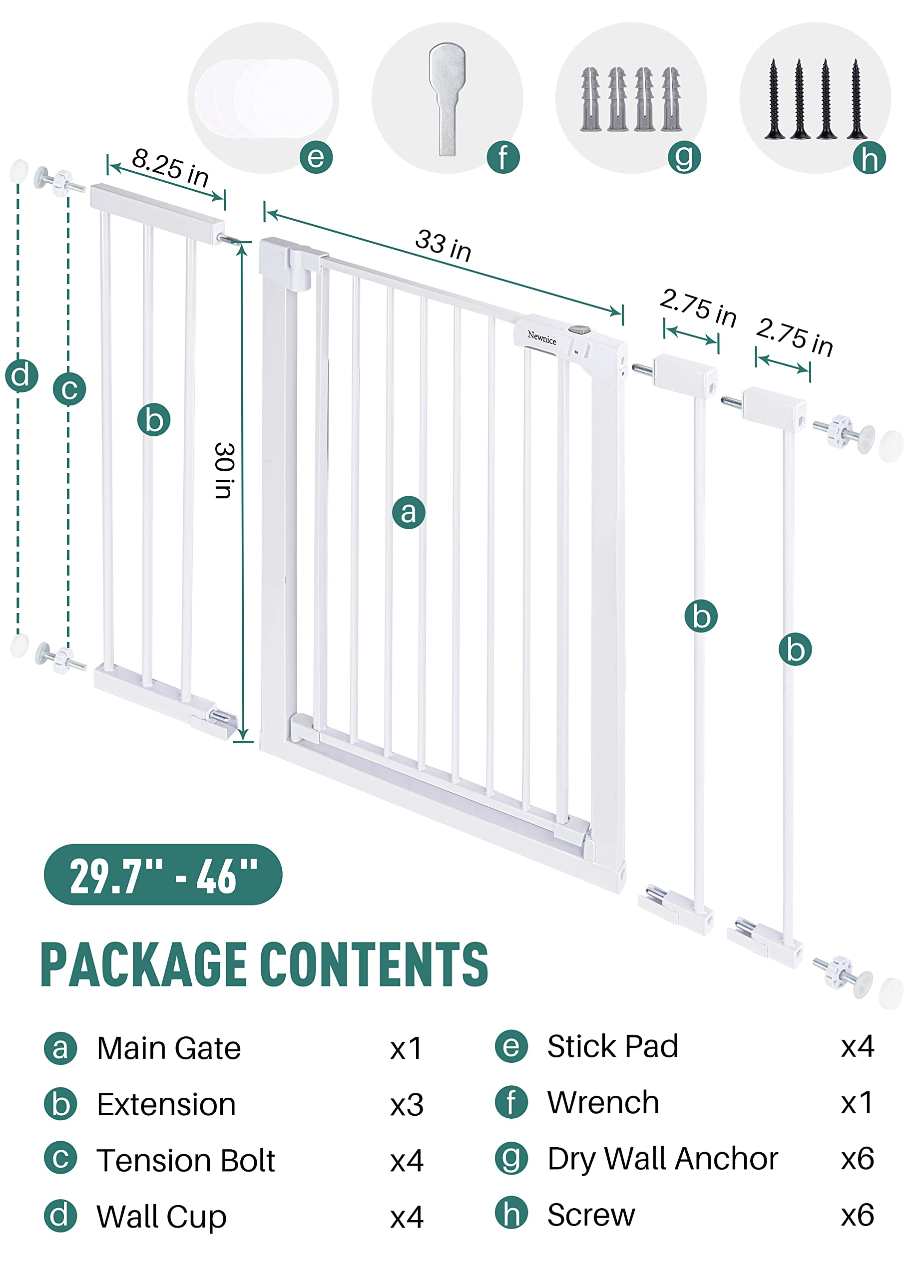Newnice 29.7"-46" Safety Baby Gate for Stairs, Auto Close Easy Walk Thru Dog Pet Gate for The House, Doorways, Extra Wide Child Gates for Kids Toddler, White