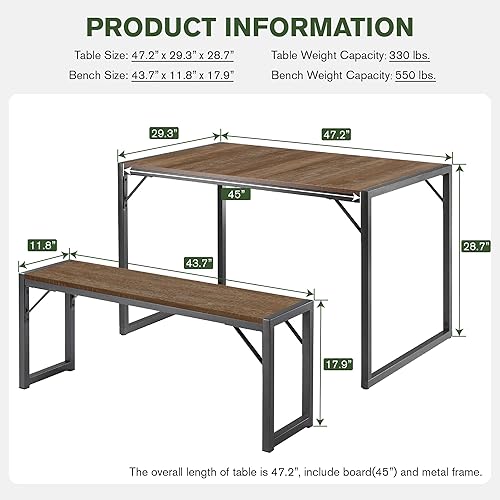 Miniatura 17 de IMUsee Juego de mesa de comedor de 3 piezas de 47.2 pulgadas para 4 con bancos, marco de metal resistente, comedor de cocina pequeño que ahorra
