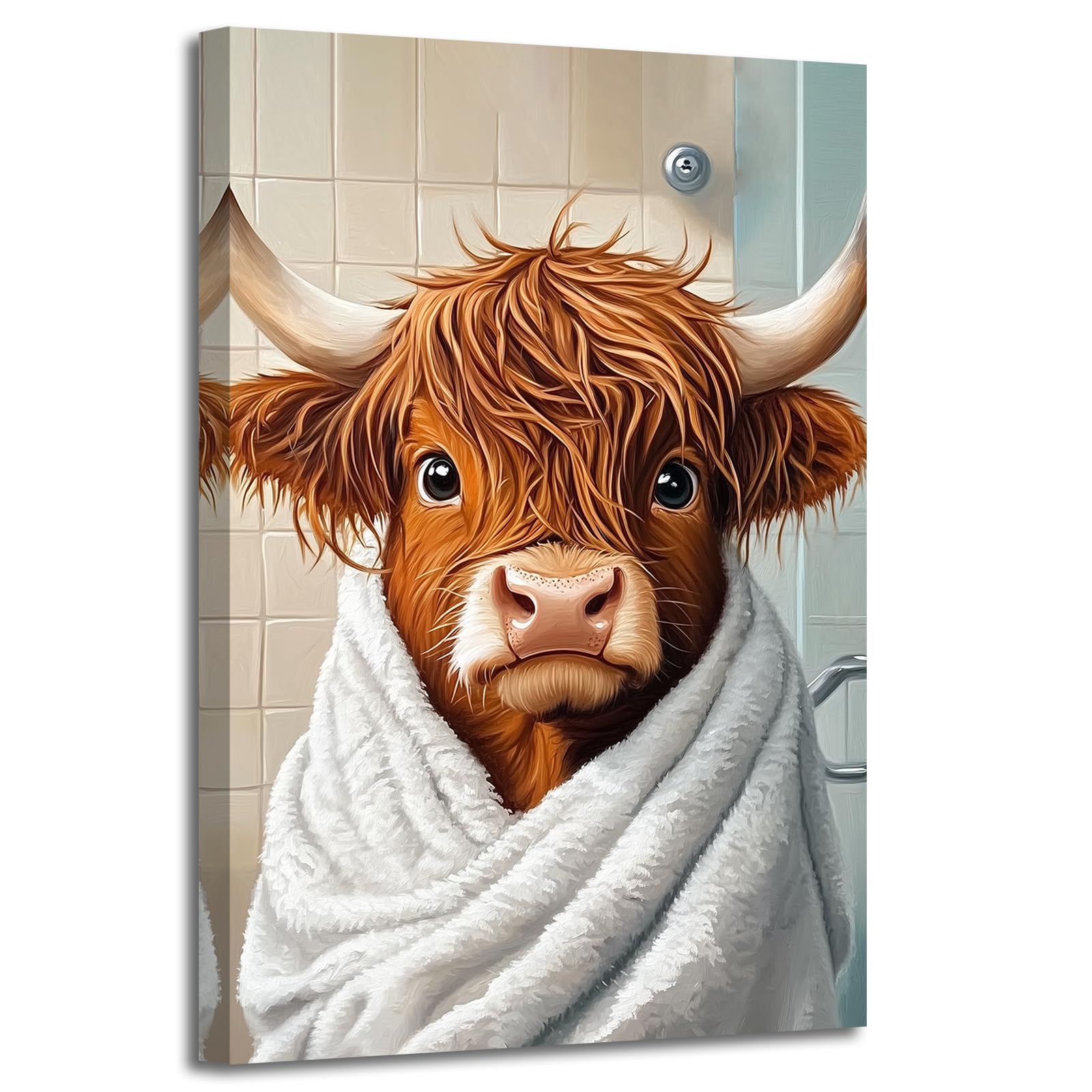 ZXHYWYM Funny Highland Cow Bathroom Decor Cute Cow in Toilet Poster Prints Brown Cow Wall Art Bathrobe Cow Canvas Rustic Farmhouse Decor Framed (Yellow, (50.00 x 75.00 cms))