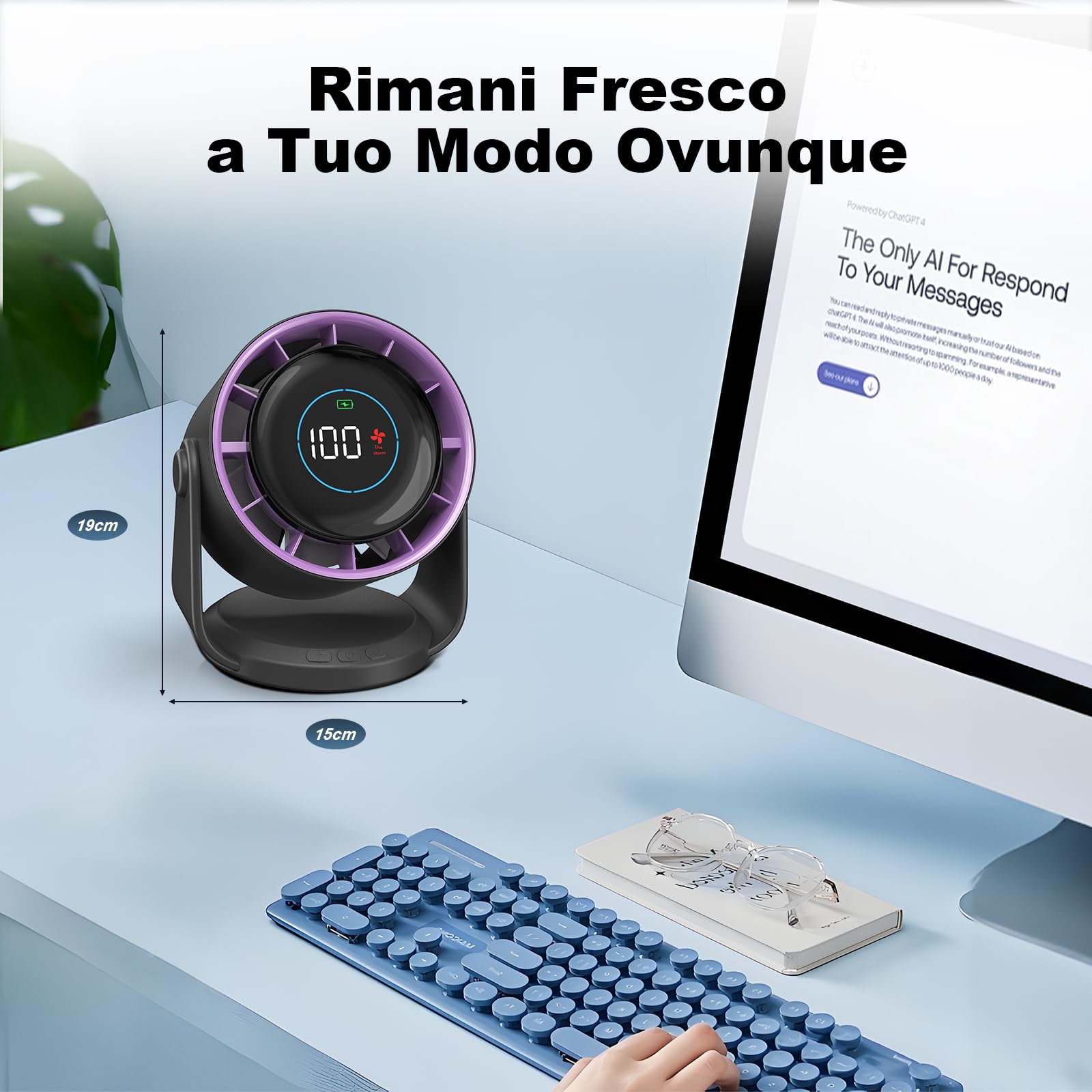 Ventilatore da Tavolo Silenzioso, Potente e Regolabile | Display LED, 11 velocità, 5400 mAh| ventilatore da parete Inclinazione variabile a 105° Per Camera, Soggiorno, Cucina, Scrivania,Campeggio