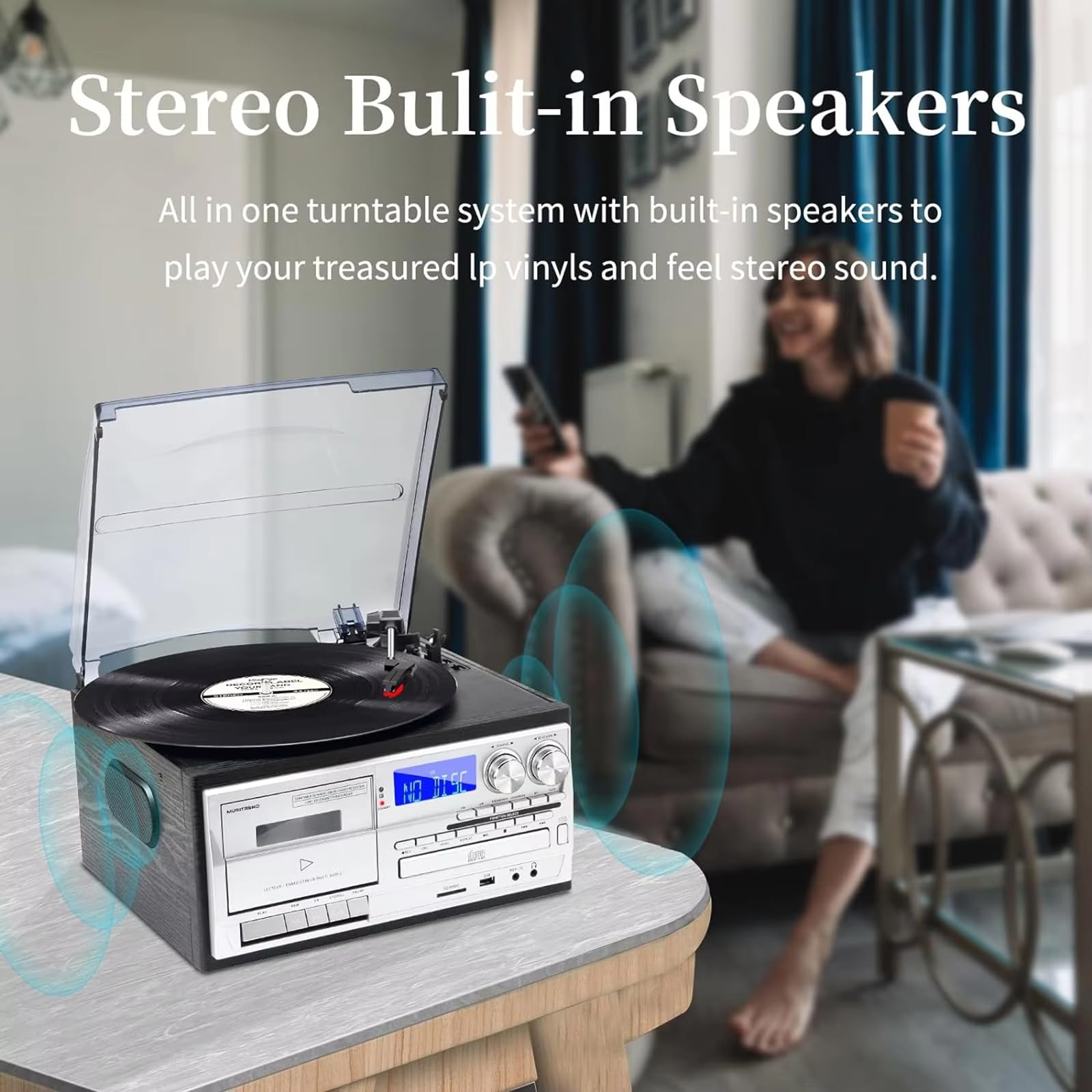 Giradischi in Vinile a 3 velocità Regolabili con Bluetooth, CD, Cassette, Radio FM/AM, Riproduzione USB/SD, Ingresso AUX, Uscita Cuffie e Audio, fonografo Vintage,Brown