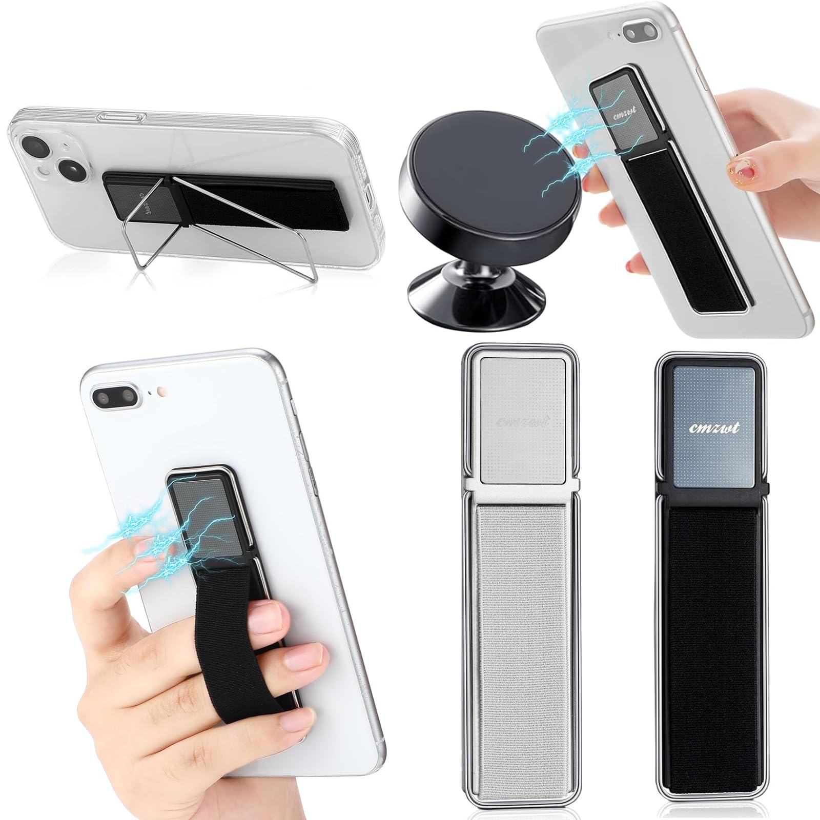 2 Pieces Phone Grip Strap Telescopic Phone Kickstand Elastic Finger Holer Hand Strap Adhesive Loop for Phone Grip with Stand Compatible with Most Smartphones (Black+White)