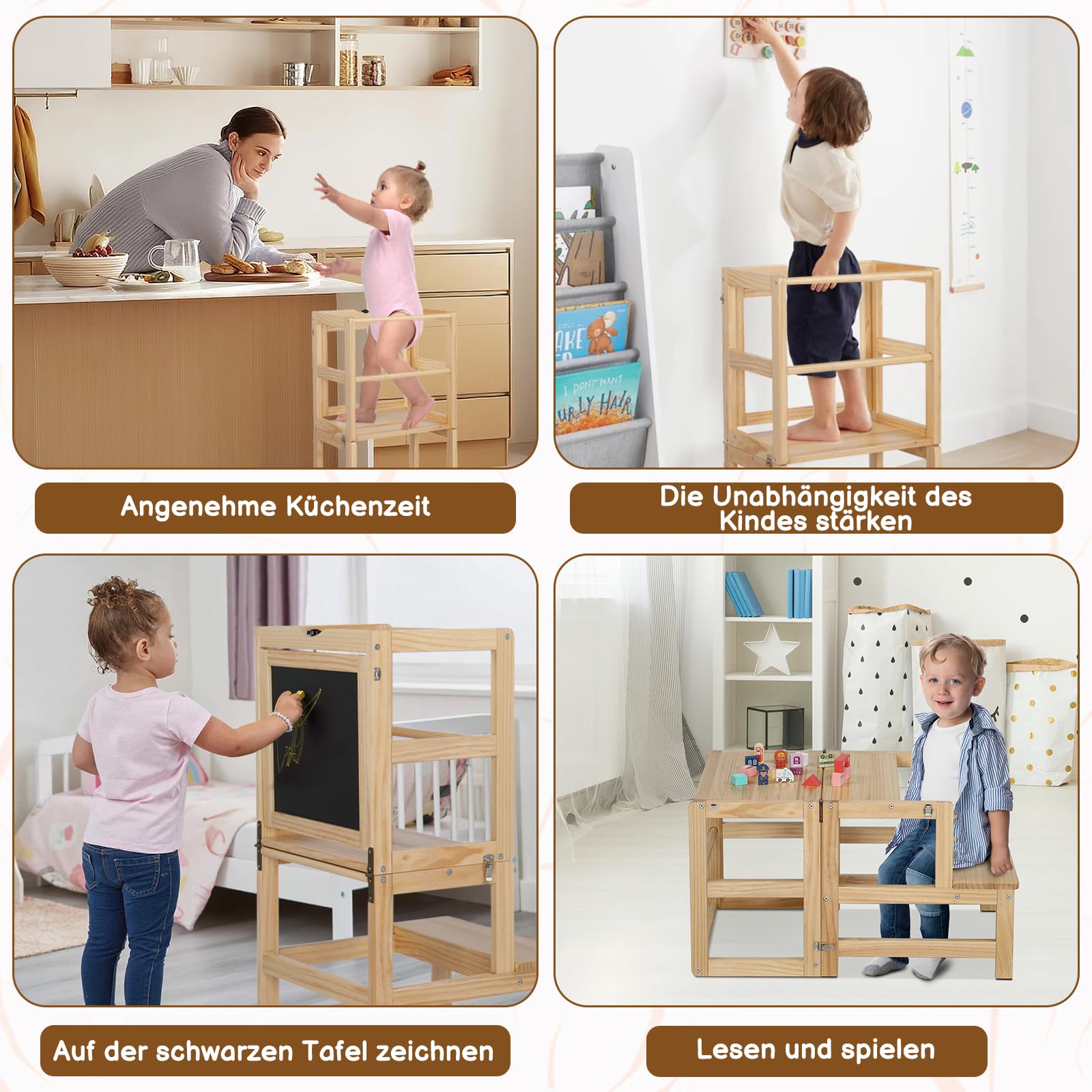 LALAHO Lernturm ab 1 Jahr，Tritthocker Holz，Lernturm Klappbar mit rutschfeste Matte，Montessori Inspiriert，Für Küche & Bad（Natur）