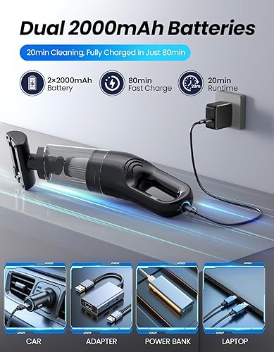 Miniatura 4 de Aspiradora de mano inalámbrica, succión de alta potencia de 26,000 Pa, aspiradora portátil recargable para el hogar, pelo de mascotas, teclado y