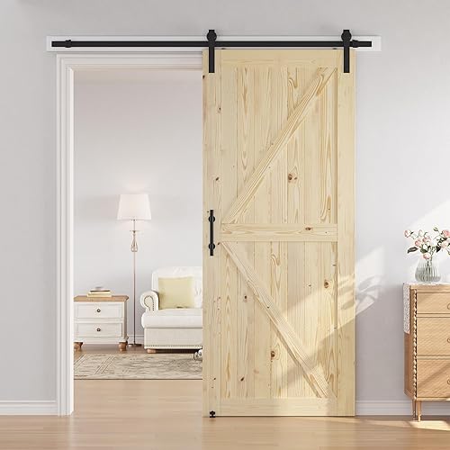 Miniatura 24 de SMARTSTANDARD Puerta corredera de granero de 30 x 80 pulgadas con kit de herrajes para puerta de granero de 5 pies incluido, puerta de madera maciza