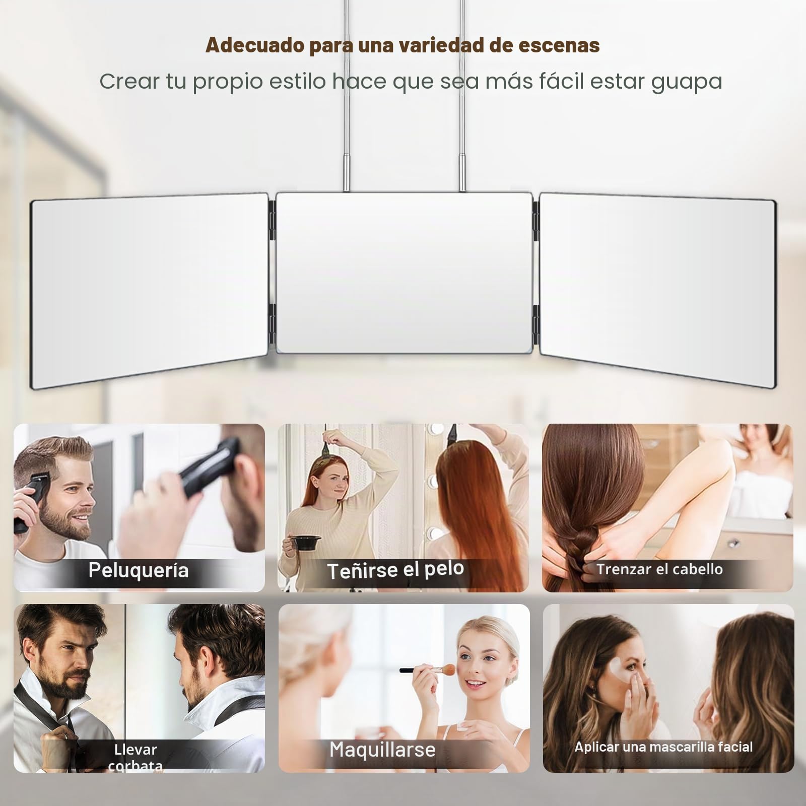 Espejo de 360 Grados - Espejo de Pelo autocortable Espejo de Afeitado Plegable con Gancho Ajustable en Altura Espejo cosmético Ajustable para el baño peinarse y Mucho más