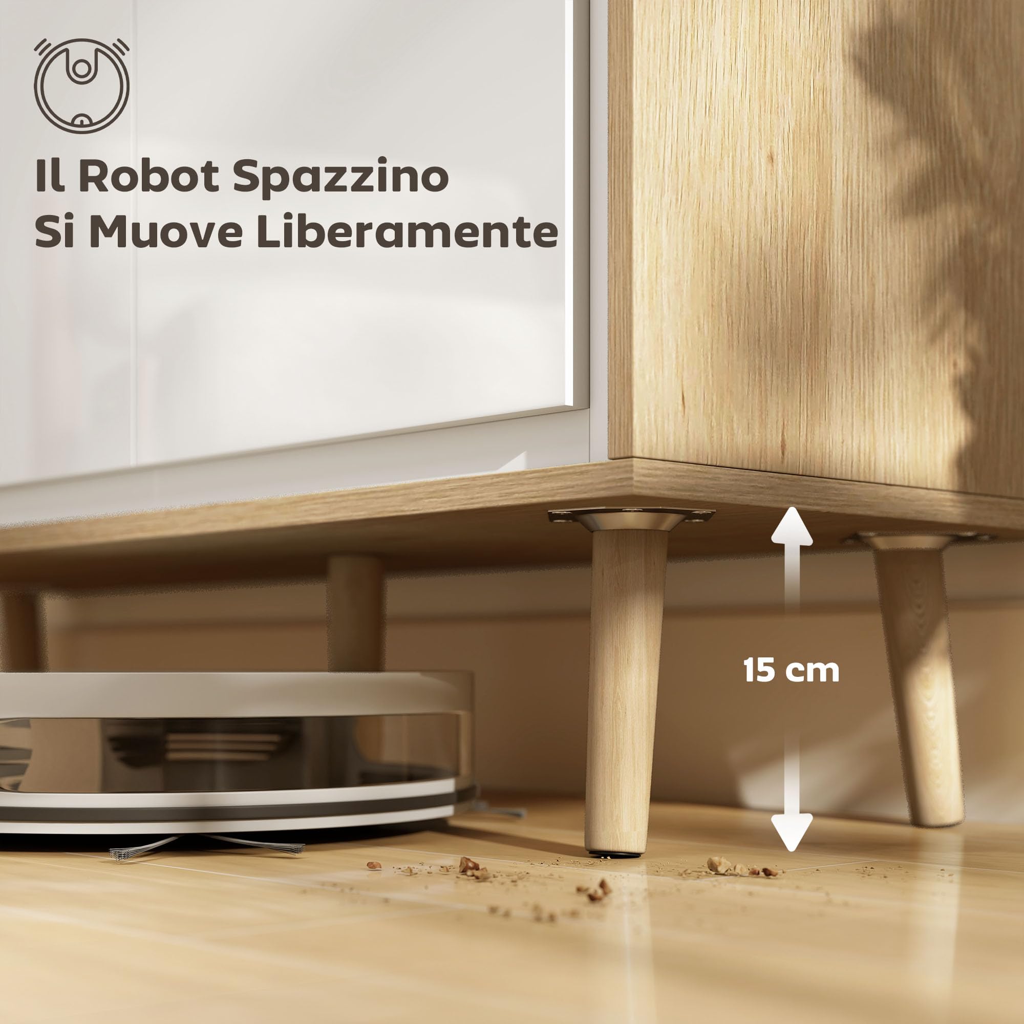 HOMCOM Credenza Cucina con 3 Ante, Mobile Cucina Moderno con Ripiano Regolabile e Piedi in Legno, Credenza Buffet per Soggiorno, Sala da Pranzo e Salotto, 107x35x77 cm, Bianco Lucido e Rovere