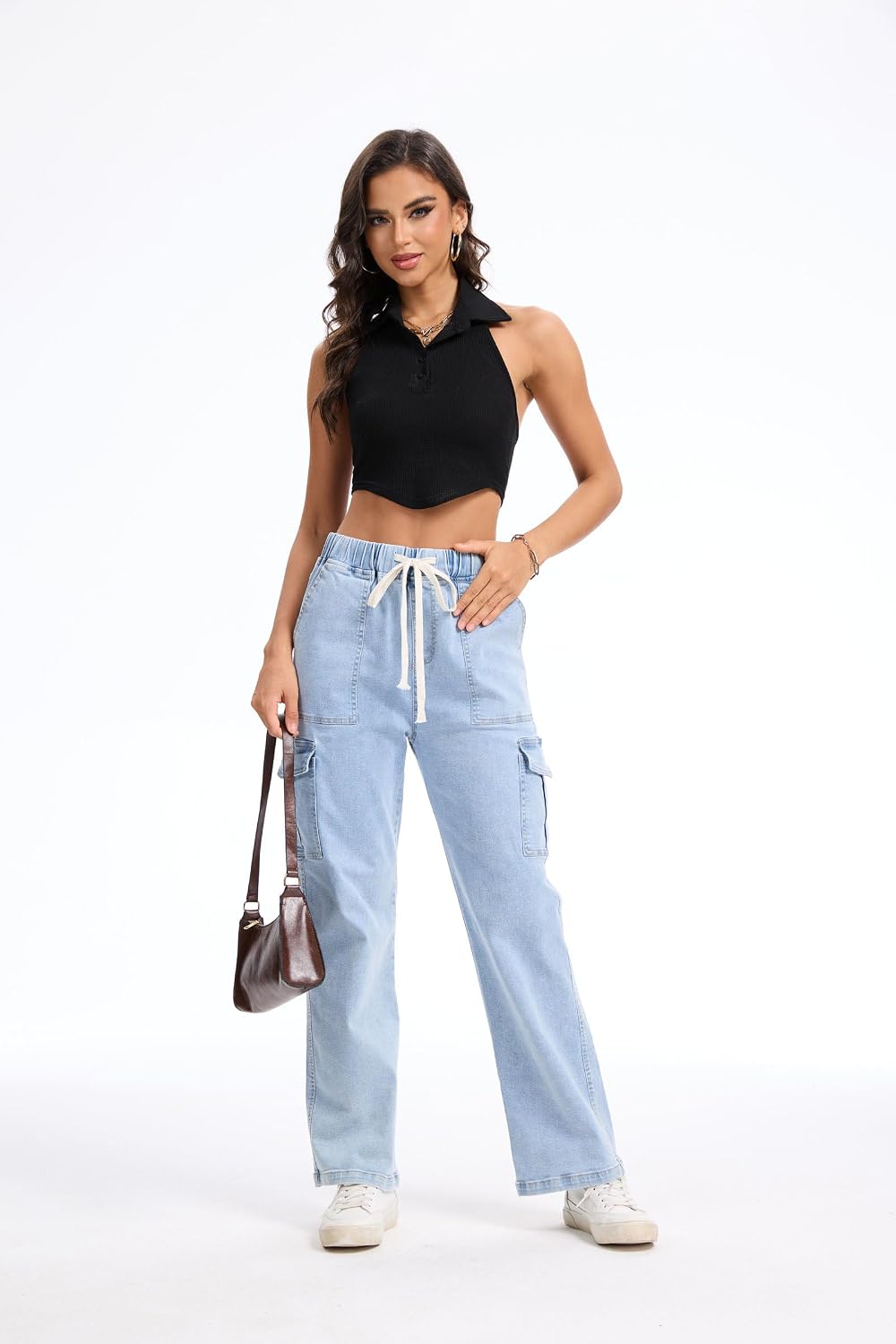 YOCUR Mid Rise Cargo Jeans Women Elastic Waist Stretch Wide Leg Denim Pants Pockets Multistyle Straight Leg Denim Trousers