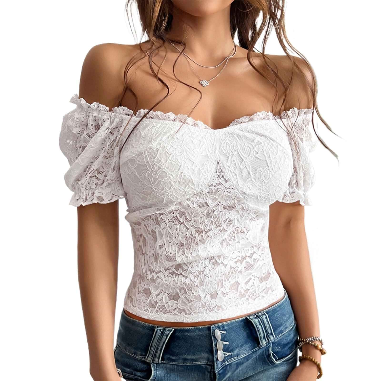 Women's Floral Lace Crop Tops Sexy Off Shoulder Puff Sleeve See Through Summer Shirts Going Out Club Coquette Clothes Puff Sleeve