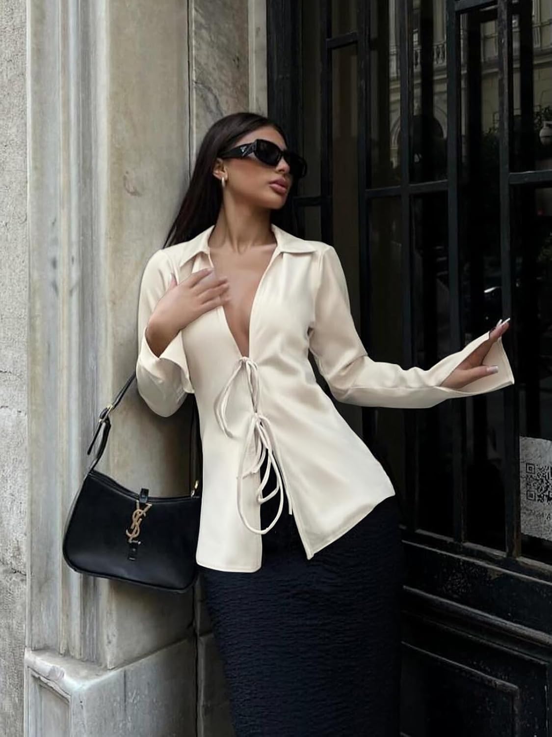 Womens Tie Front Satin Silk Blouse Sexy Deep V Neck Long Sleeve Open Front Club Tops Y2k Going Out Shirts - Image 5