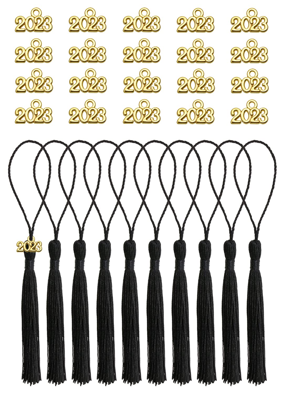 Tupalizy 10PCS Mini Silky Handmade Bookmark Tassels with 20PCS 2023 Year Charms for Graduation Keychain Earring Jewelry Making Wedding Favors Souvenir Gifts Tags DIY Craft Projects, Black and Gold