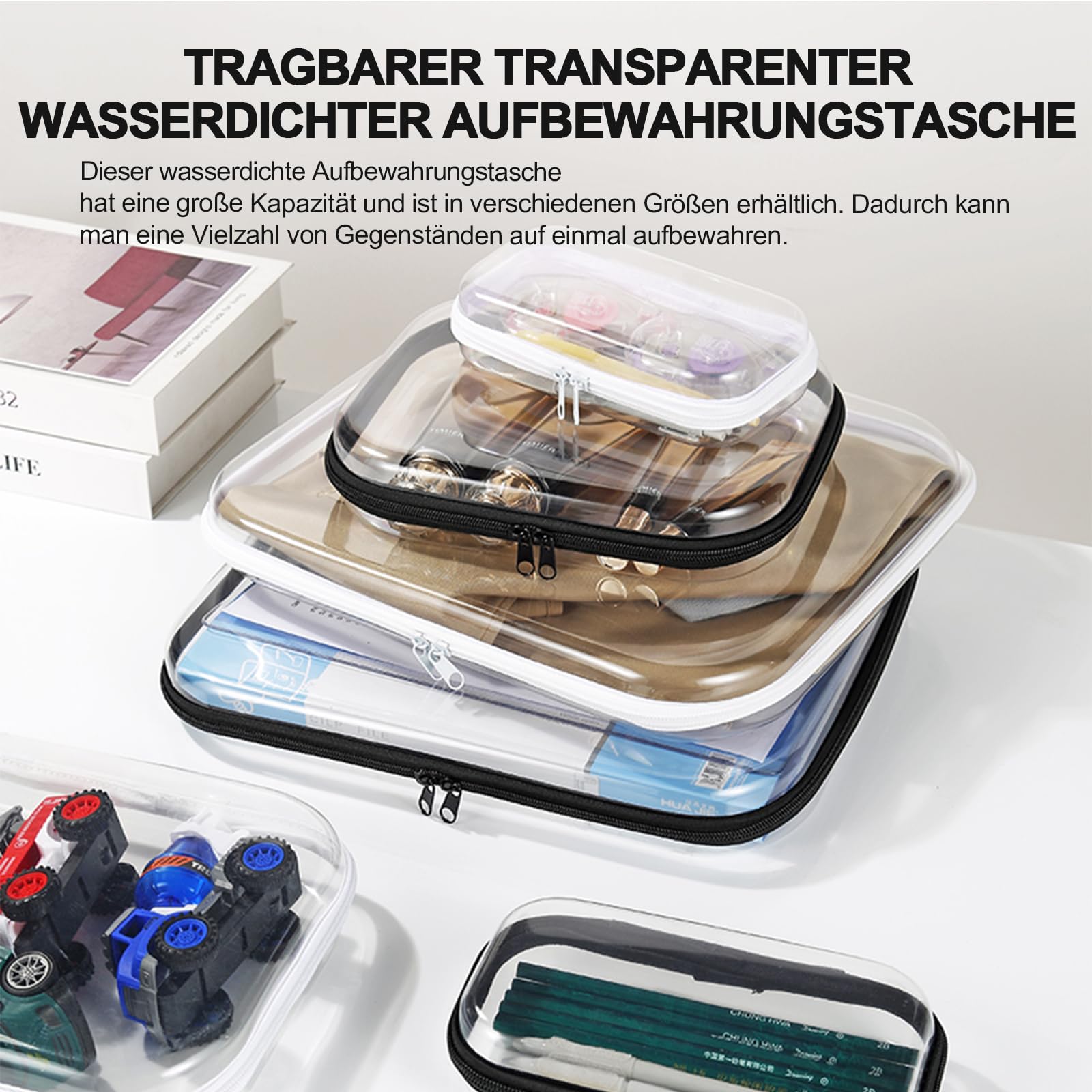 Borsa trasparente con doppia cerniera, in PVC trasparente, borsa da toilette impermeabile, per viaggi, cosmetici, borsa rigida portatile, per donne e uomini, Nero , 3 Stk, Klein, Beauty case