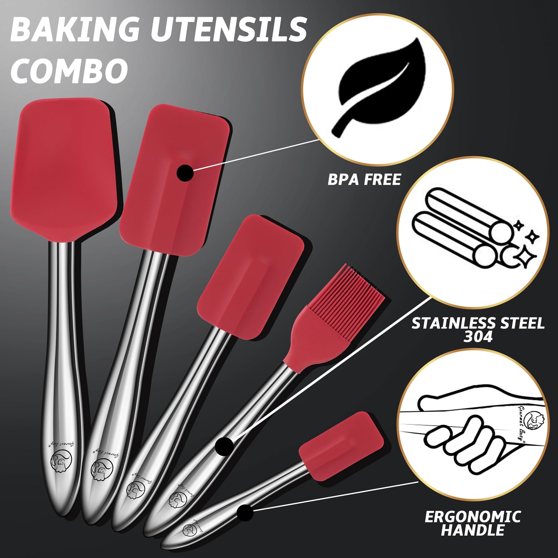 5pcs Silicone Spatula Cooking Utensils Set including Stainless Steel Handles - Image 2