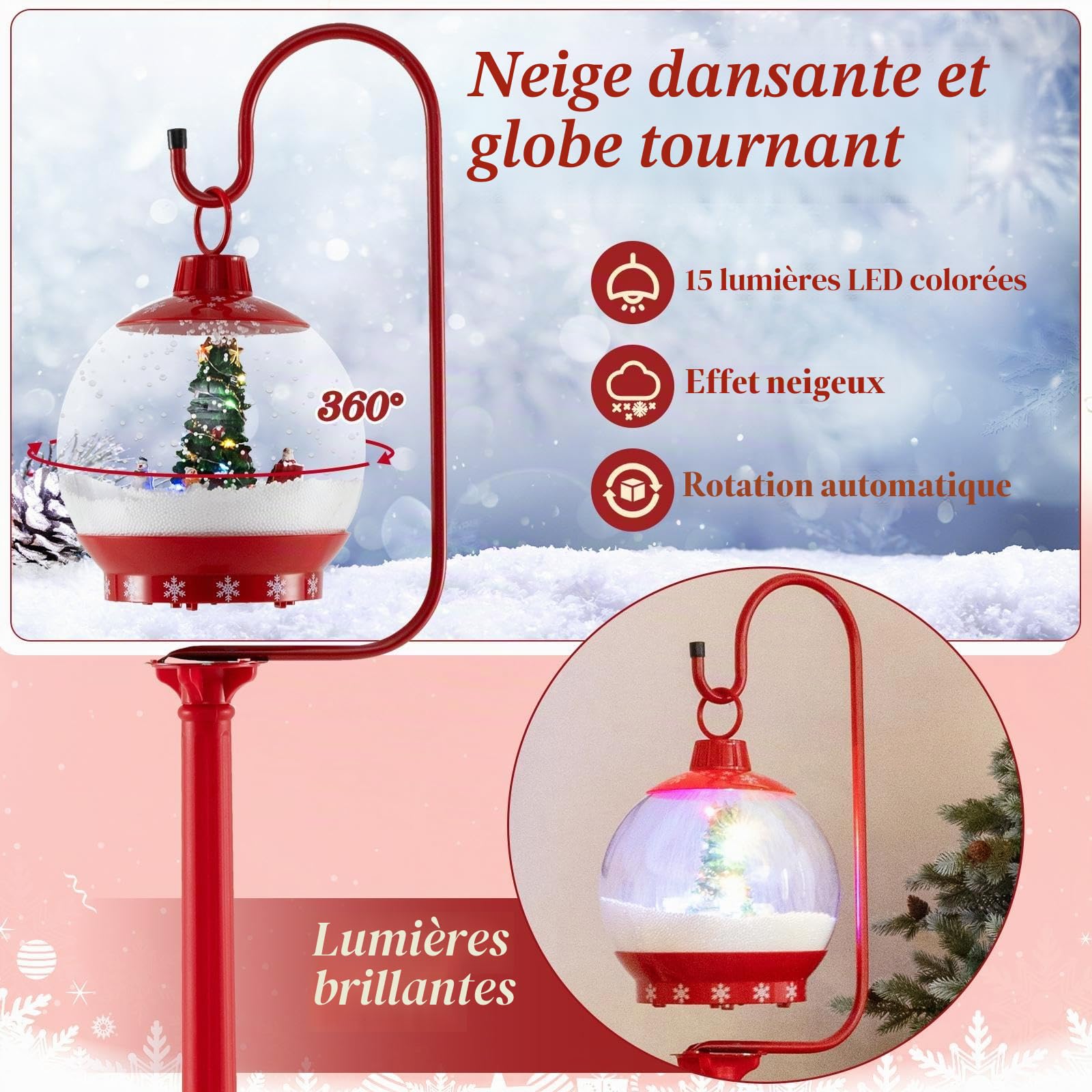 SOARS Decoration Noel, Lampadaire Noel 173CM avec Musique, Boule de Cristal | Boule Rotative à 360°, Flocons de Neige, Sapin de Noel, Deco Noel Exterieur & Interieur pour Jardin, Cour, Salon
