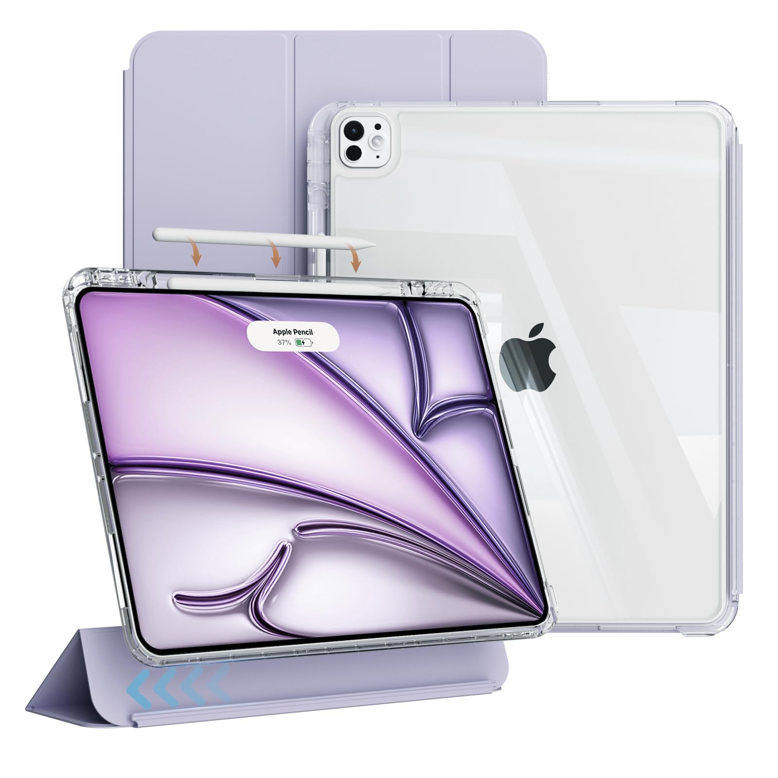 ZKTUYU Custodia ibrida per iPad Air 13 pollici 2025 (M3)/2024 (M2) con portapenne, custodia magnetica rimovibile, custodia protettiva con supporto Trifold cover posteriore trasparente (nero