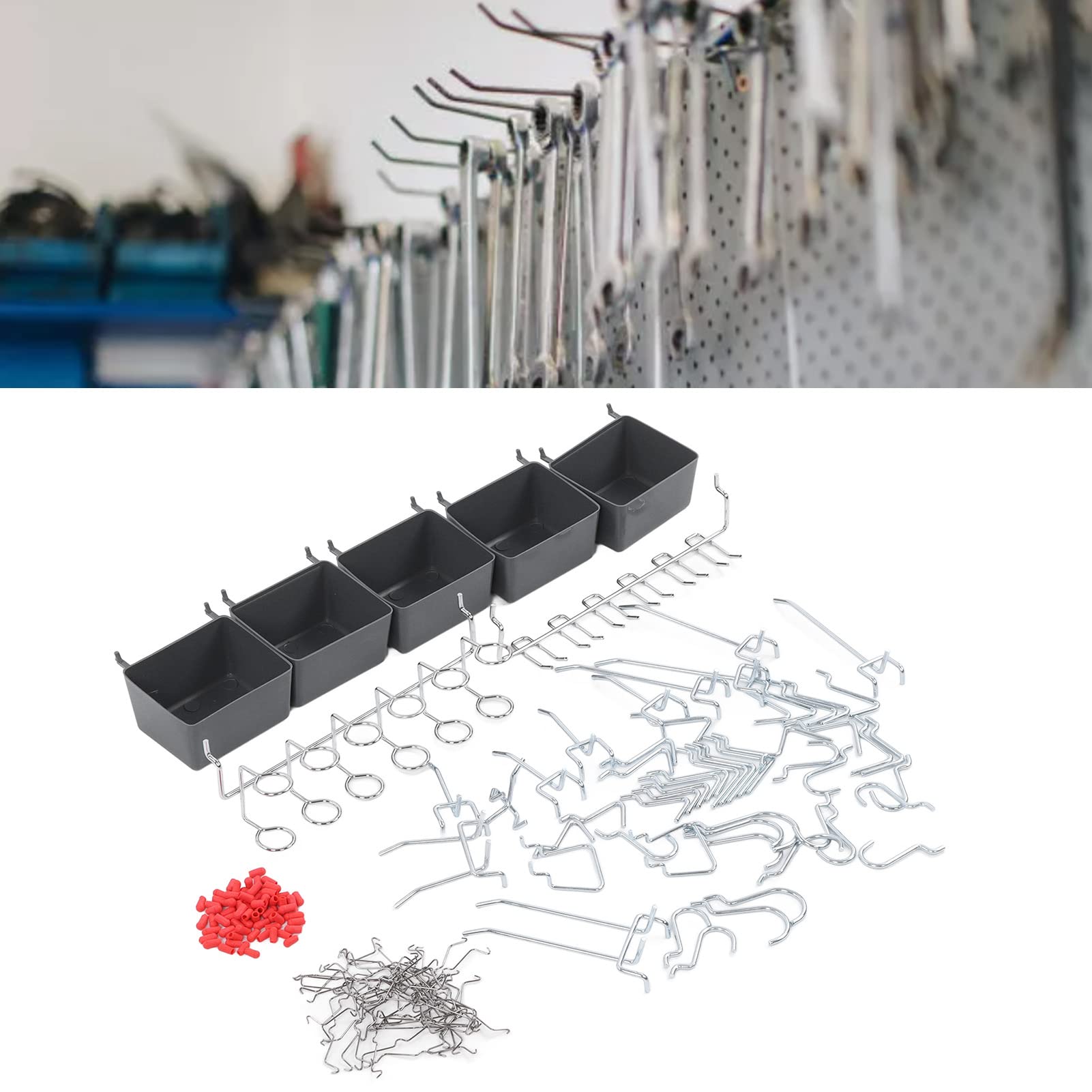 114 PCS Haczyka Pegboard Asortment, Pegboard Accessories Organizer Zestaw, wytrzymałe haczyka z tablicami PEG Asortyment do przechowywania, mocowania ścian garażowych