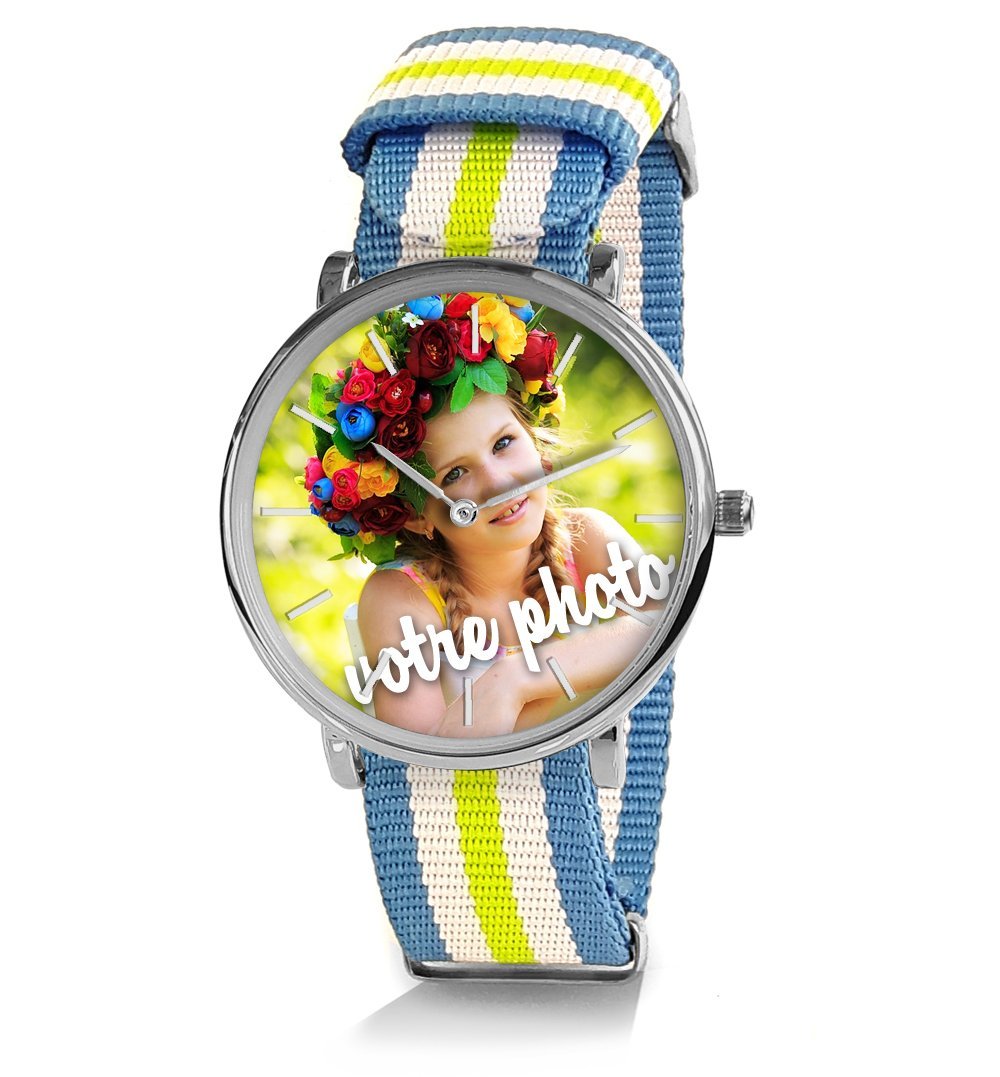 Orologio Personalizzabile con Una Foto, Un Testo. Orologio unisex da uomo o da donna. Regalo personalizzato Bracciale intrecciato NATO a righe, colori alla moda. Regalo per la festa del papà, Modello