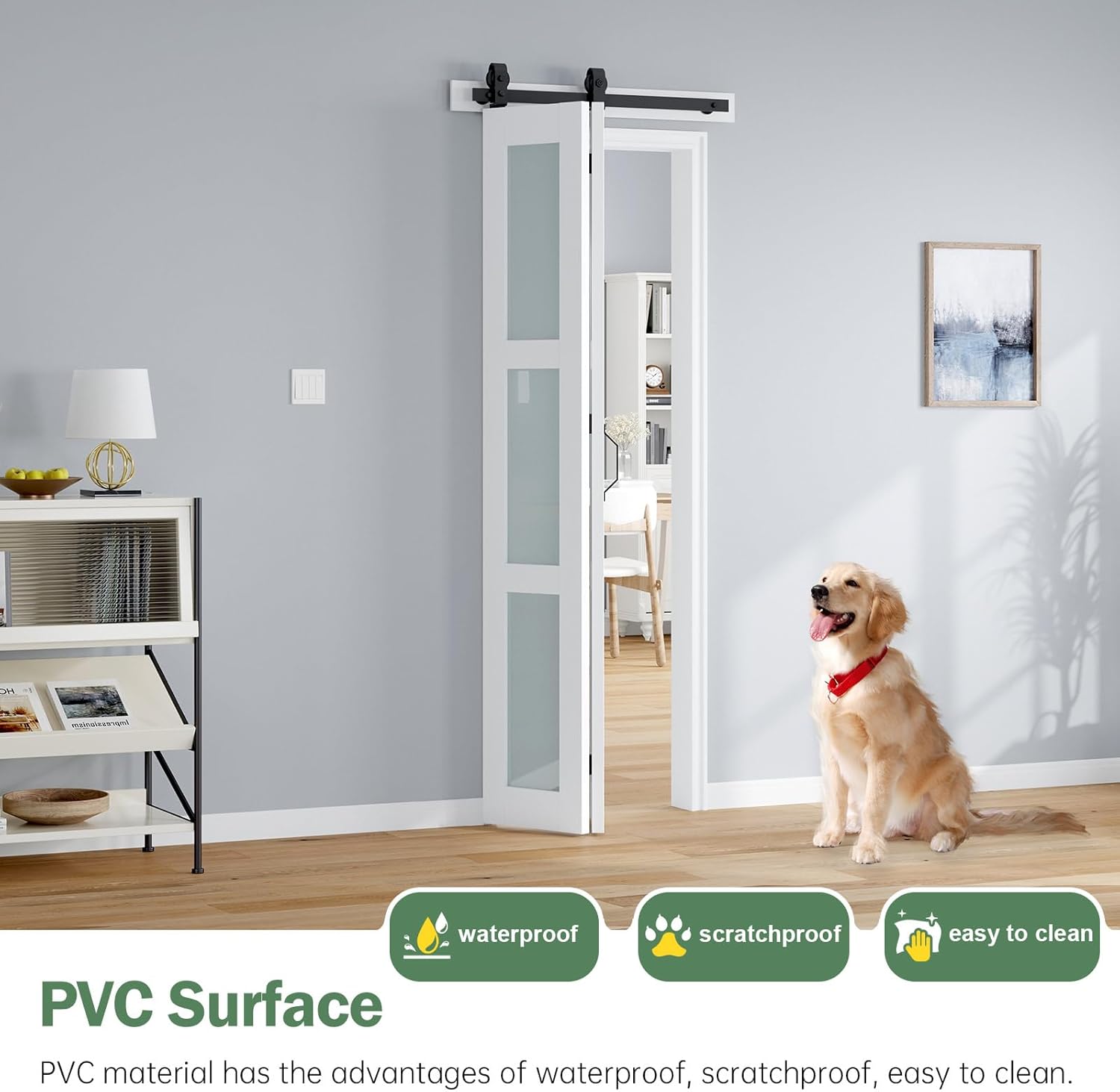 Bifold Barn Door 32x84 Inch (Double 16x84), White Frosted Glass Bifolding Doors with 36" Hardware Kit Included, Closet Sliding Wood Panel Slab, Save Space, Simple DIY Assembly