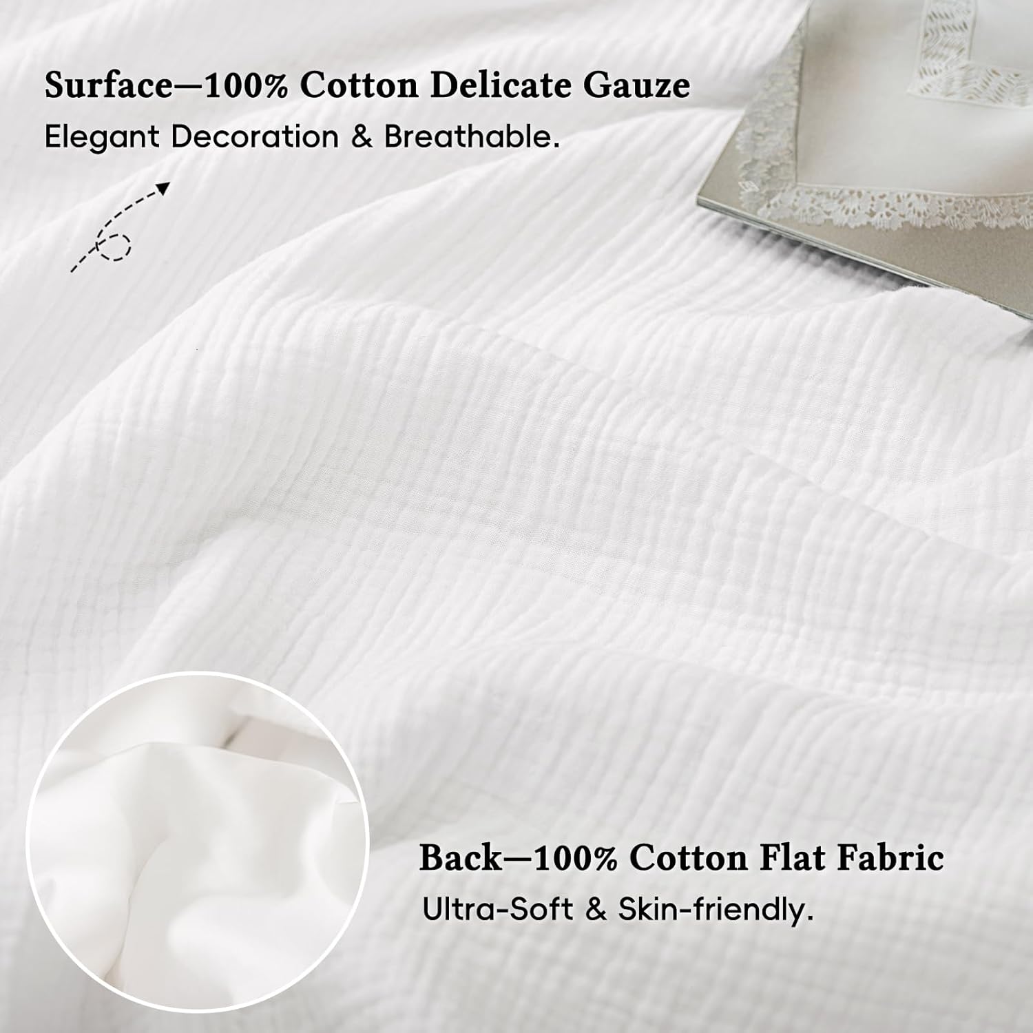 David's Home 100% Cotton Muslin Duvet Cover Set King Size,3 Pcs Ultra Soft Breathable & Lightweight Gauze Bedding Set with 2 Pillowcases,Textured Home Decor with Button, 104"×90" White,No Insert