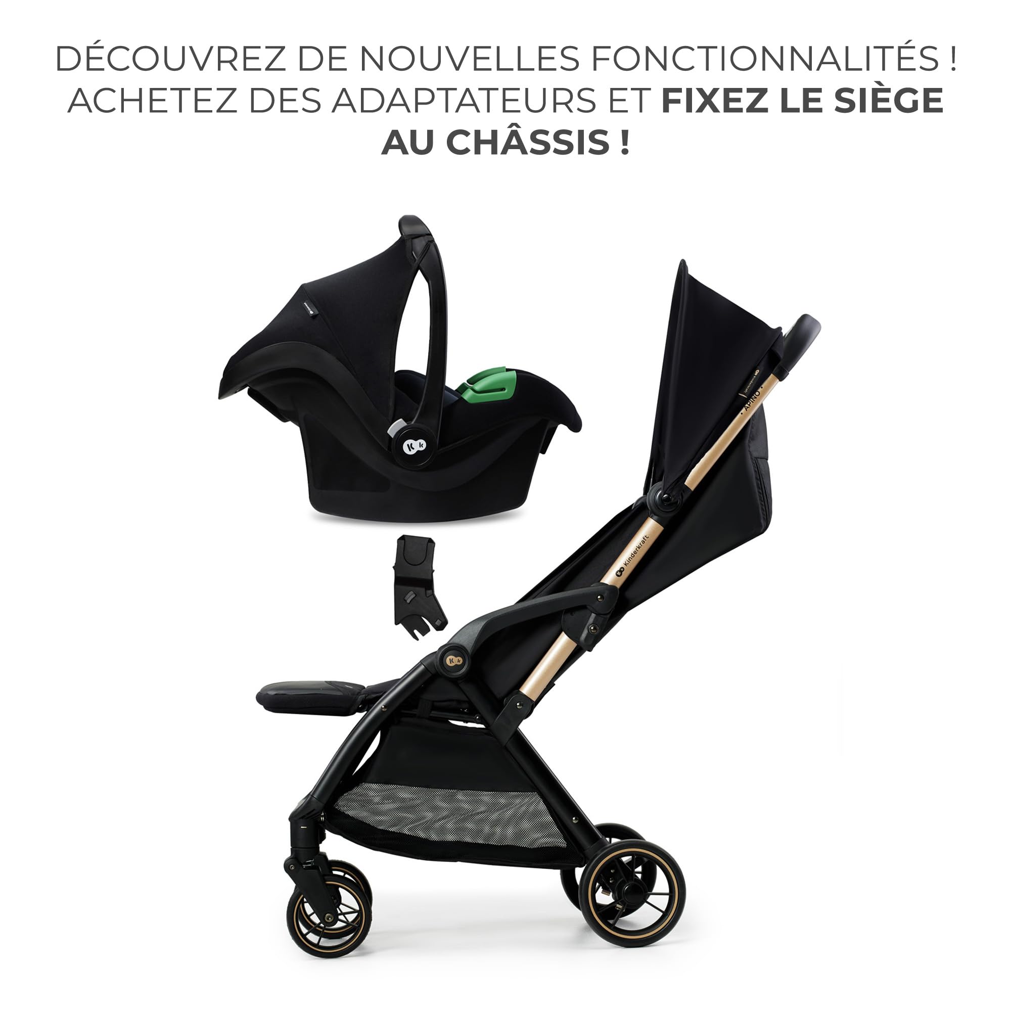 Kinderkraft APINO Poussette Légère, Ne Pèse Que 7,5 kg, Poussette De Voyage, Pliage automatique, AUTO FOLDING, Facile À Pince, Dossier Réglable En Position Allongée, poids maximum jusqu'à 24 kg, Noir