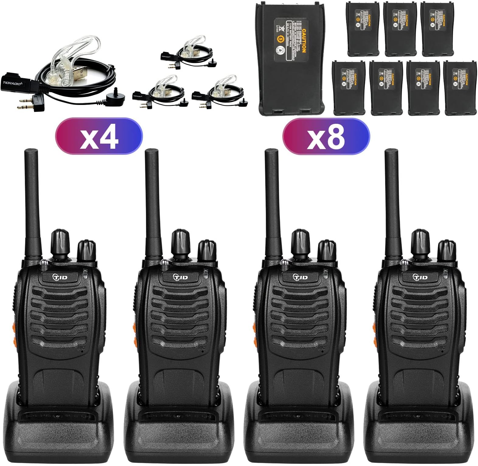 TID TD-V2 Walkie Talkies for Adults with Earpiece and 8 Battery 2 Way Radios Walkie Talkies Long Range with Flashilght Two Way Radio Rechargeable for Business or Family (4 Pack)