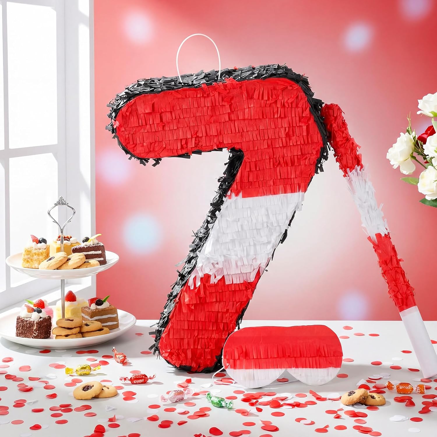 16 Inch Number 7 Piñata Red and White 7th Birthday Piñata with Stick Blindfold Confetti for Boys Girls Kids Birthday Game Themed Decorations Game Anniversary Celebration Supplies