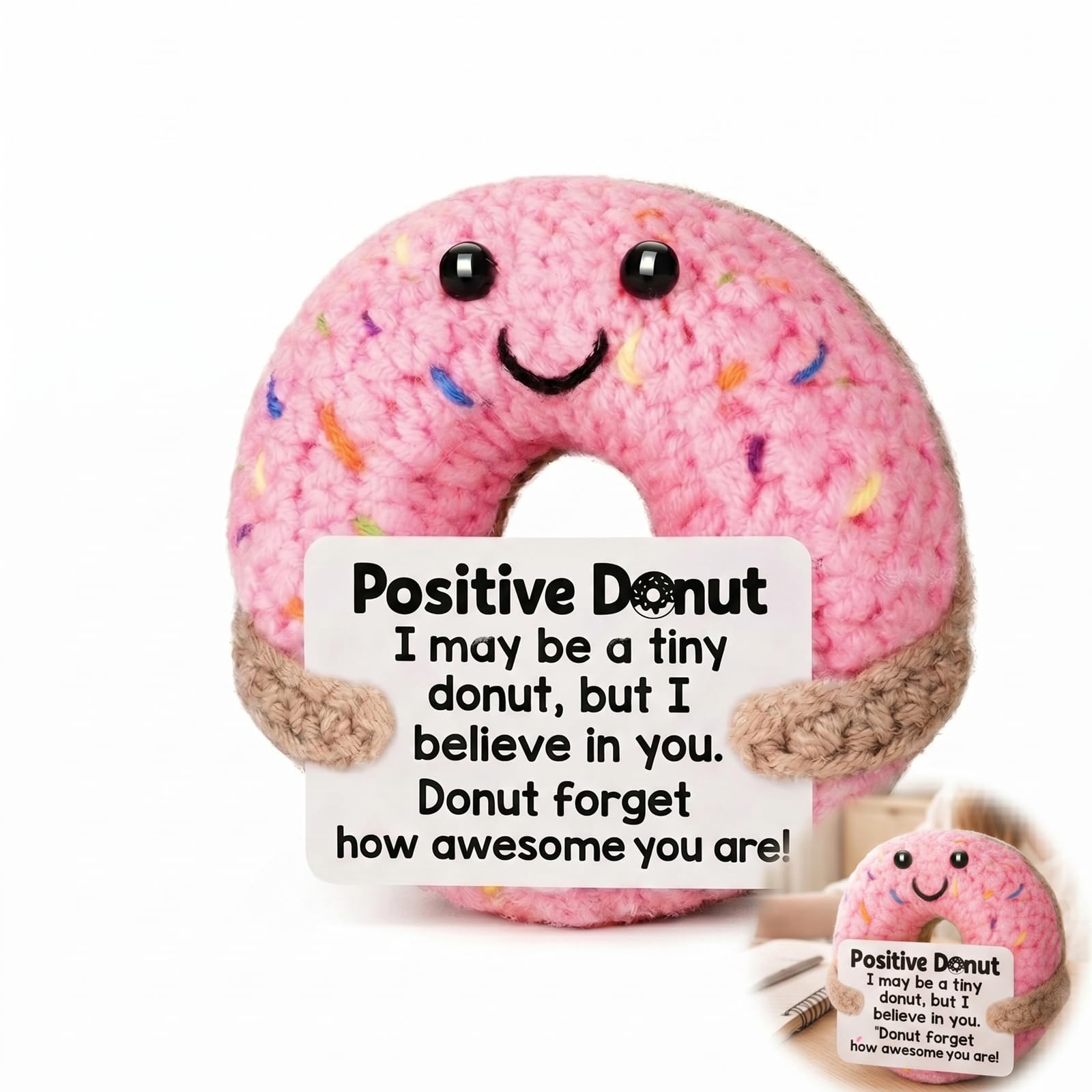 CAYLEKI Hand-Crocheted Donut with Inspirational Card - Comforting Good Luck Charm Gift for Emotional Support, Portable Pocket Plush Toy for Women Men Friends Family Birthday, Yarn Figurine