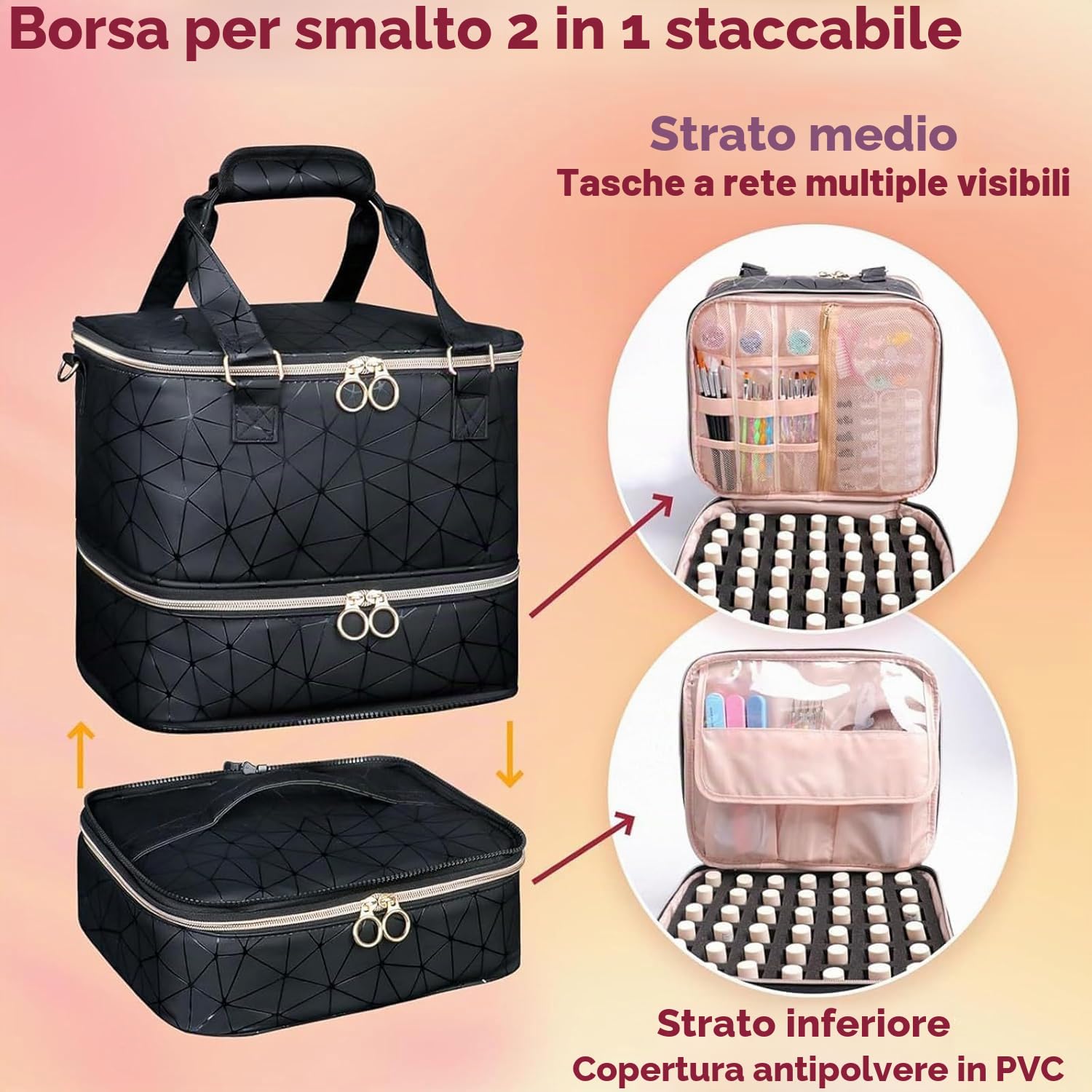 Organizer per Unghie di Grande Capacità per 84 Flaconi di Smalto e 1 Lampada a LED per unghie Borsa con Tracolla per Accessori per Nail Art, Nero
