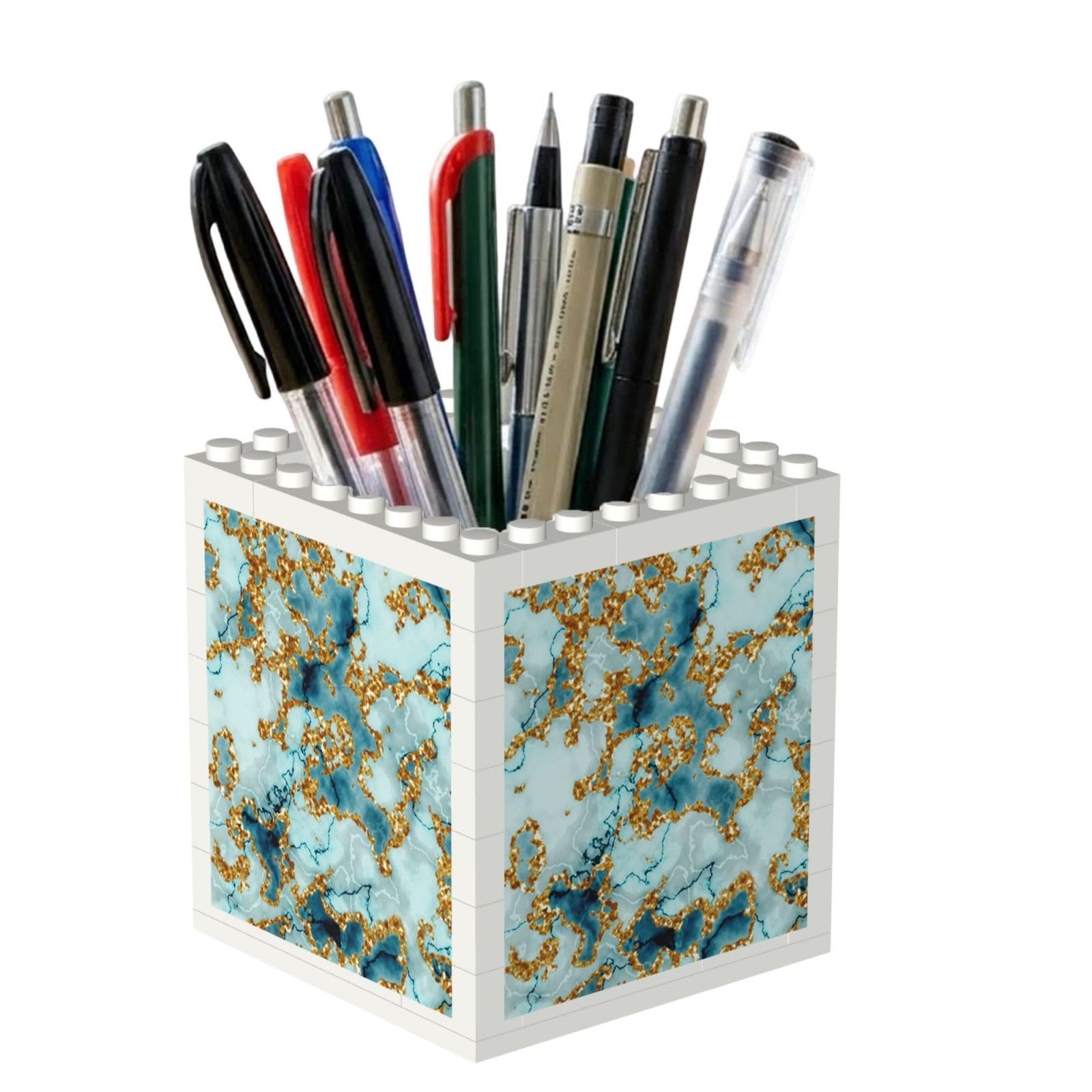 Poadnly Glitter Gold Teal Marble Textured, Pen Pot Pencil Holder for Office Home School, Compact Desk Organiser for Office Stationery