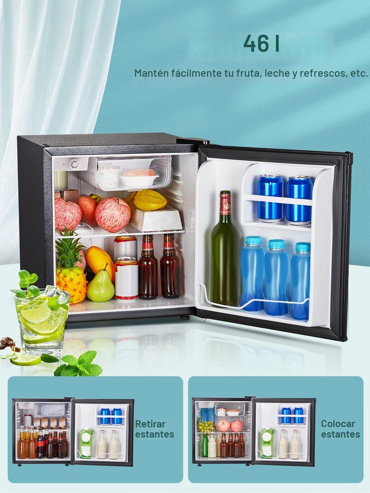 FOHERE Nevera Pequeña Frigorífico Mini 46L, Minibar, Icebox y Control de Temperatura regulable, Bajo Consumo, Puerta Reversible, Ideal para Hogar y Oficina, Negro