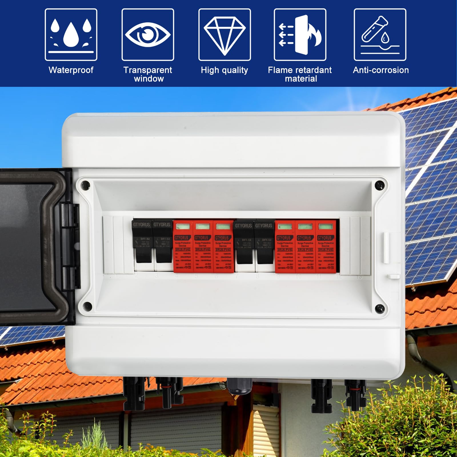 Scatola di Giunzione Solare Fotovoltaica, IP65 Scatola di Fusibili 3P DC 1000V 32A con Protezione Dalle Sovratensioni, 2 Stringhe di 13 Moduli (2 in 2 uscita)