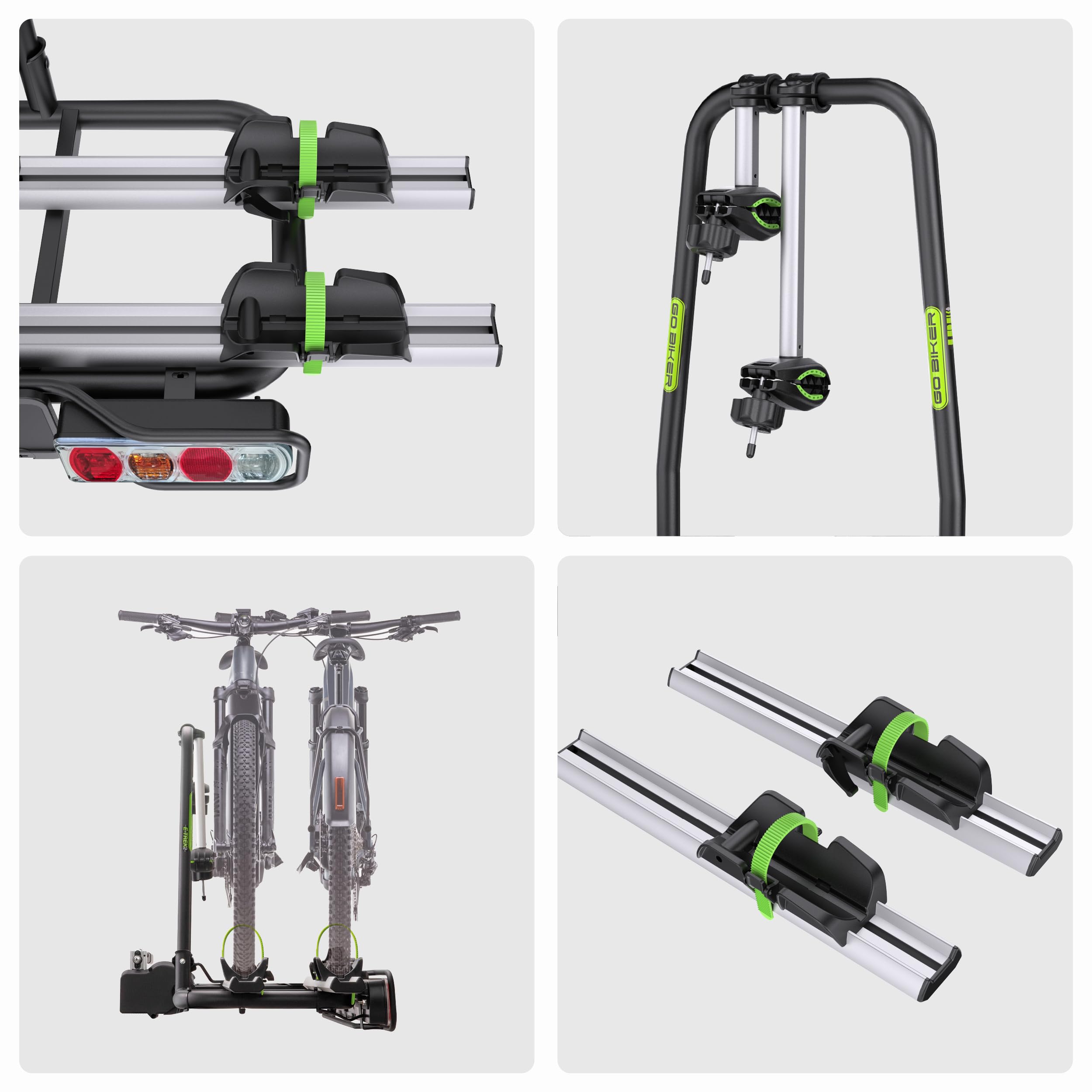 E‑TREK Portabici Auto su Gancio Traino con Leva per 2 Bici – Compatibile Bici Elettriche – Telaio in Acciaio e Alluminio – Sistema di Sicurezza – 30 kg per Binario