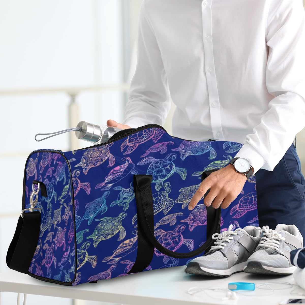Hand Painted Colourful Turtle Travel Duffel Bag for Women Men Large Capacity Overnight Weekender Bags for Lightweight Waterproof Sport Gym Bag for Workout Yoga Swim