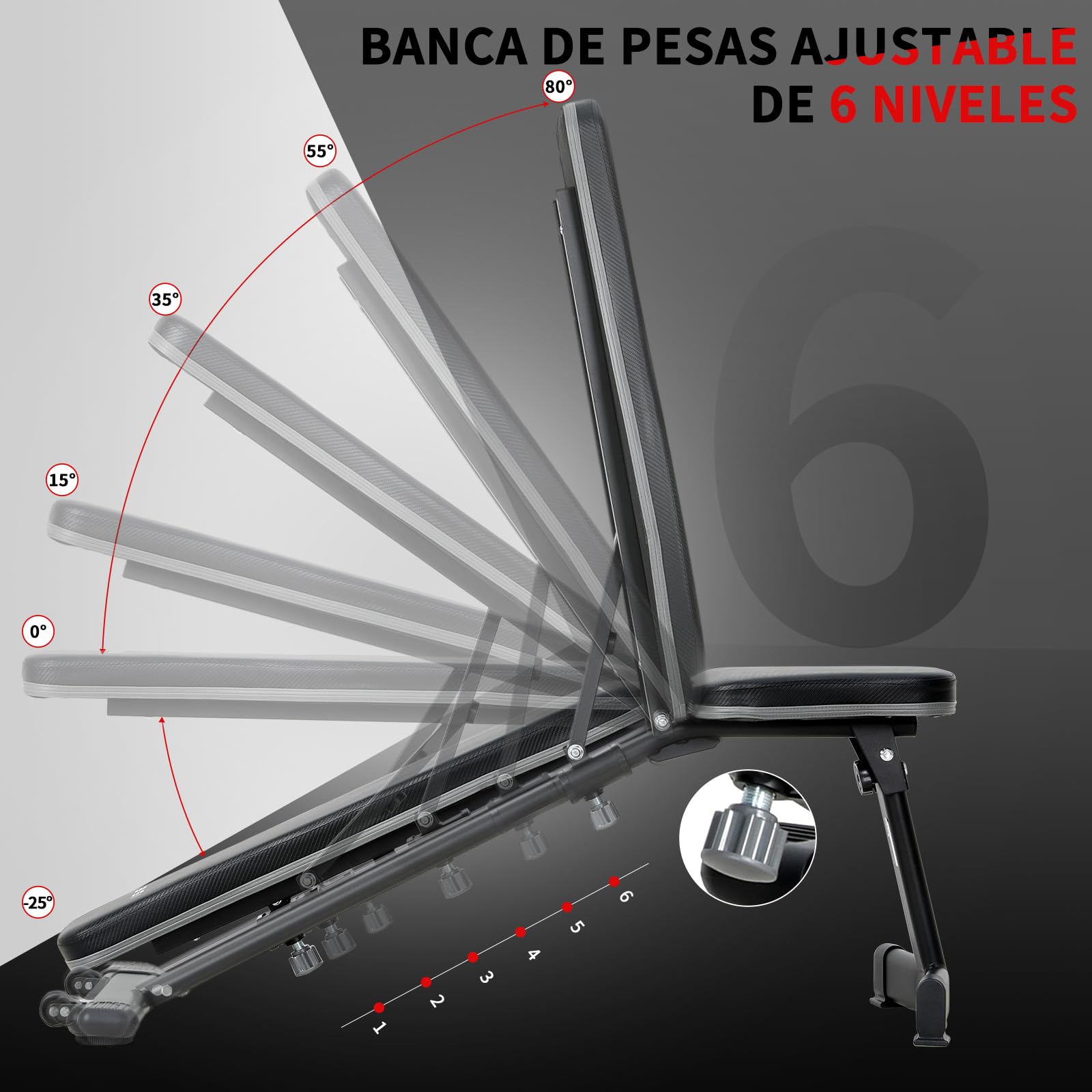 ISE Banco de Pesas Musculación Ajustable Plegable Multifuncional Inclinable Reclinable, Banco de Peso Plano Declinado Inclinado Abdominales para Fitness Entrenamiento Profesional con Respaldo