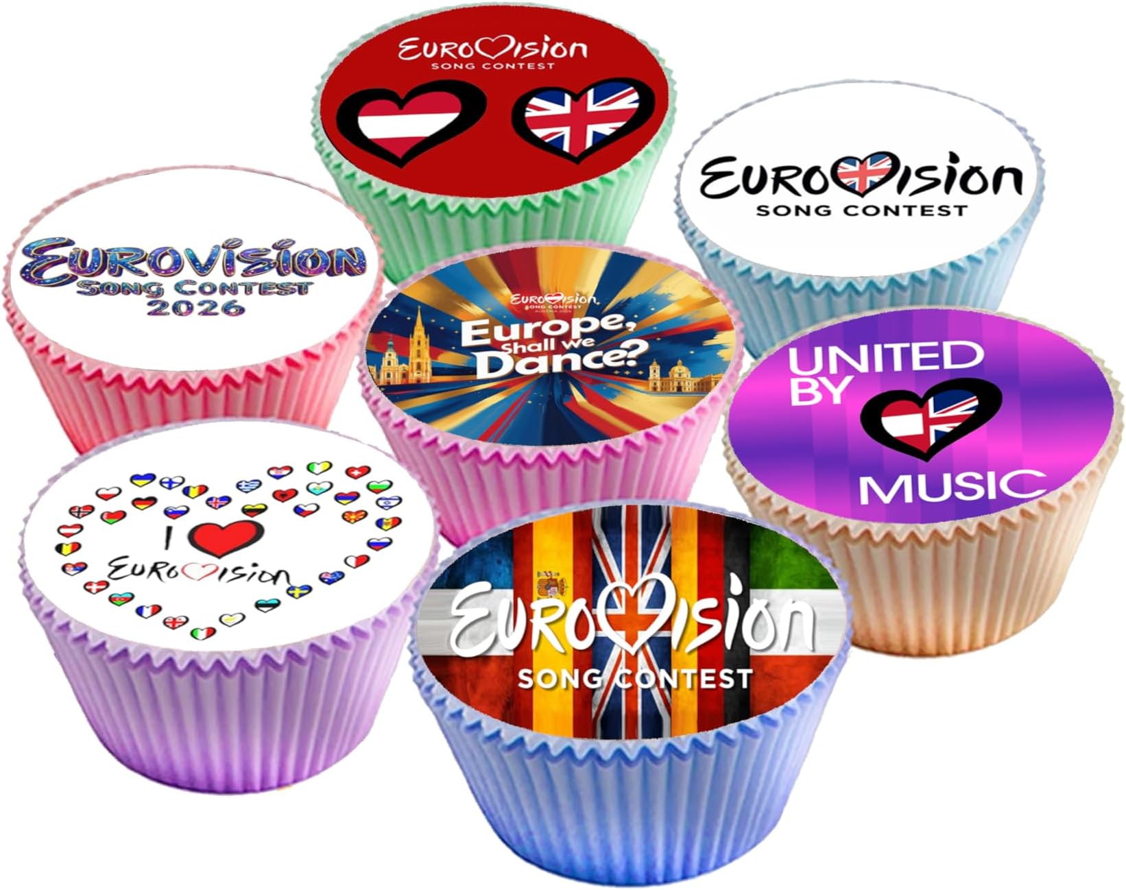 24 Pre-Cut Eurovision Song Contest 2026 Vienna, Austria Celebration Themed Edible Wafer Paper Cake Toppers Decorations