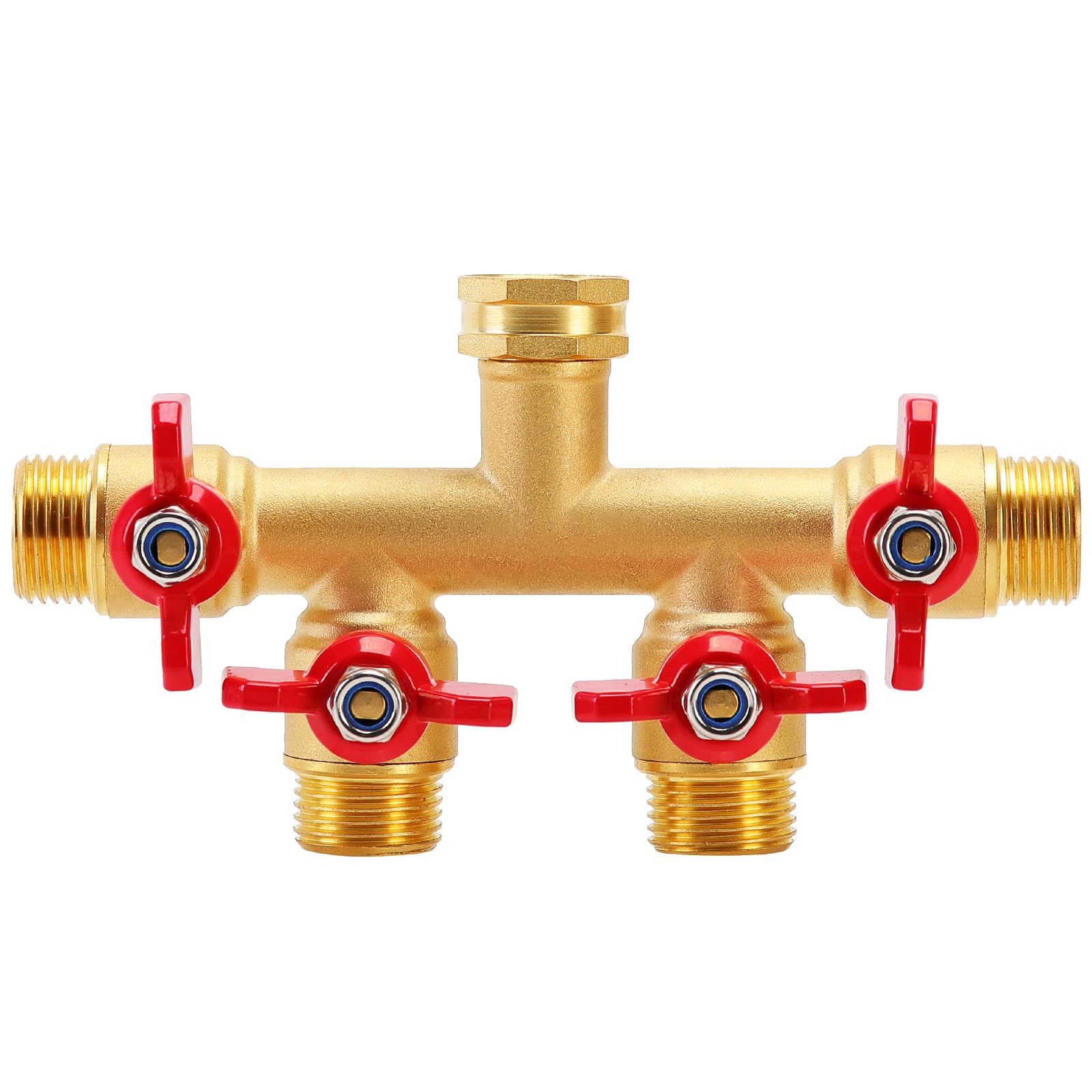 Photo 1 of FINEST+ 4 Way Brass Hose Splitter, Solid Brass High Volume 4 Way Hose Splitter Valve with Metal Handle, Hose Connector 3/4", Hose Spigot Adapter 4 Valves with 4 Extra Rubber Washers
